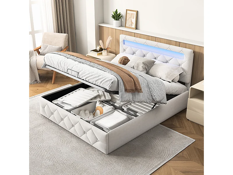 Opbergbed 140x200 cm, gestoffeerd bed met USB-oplaadpoorten en LED, fluweel, beige