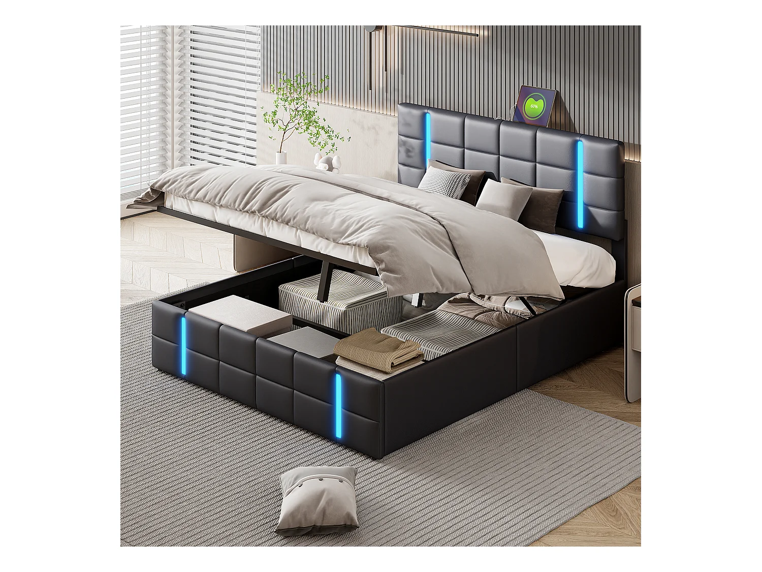 Letto 140x200 cm con base portaoggetti LED e USB, letto imbottito per adulti, letto matrimoniale, PU, ​​nero