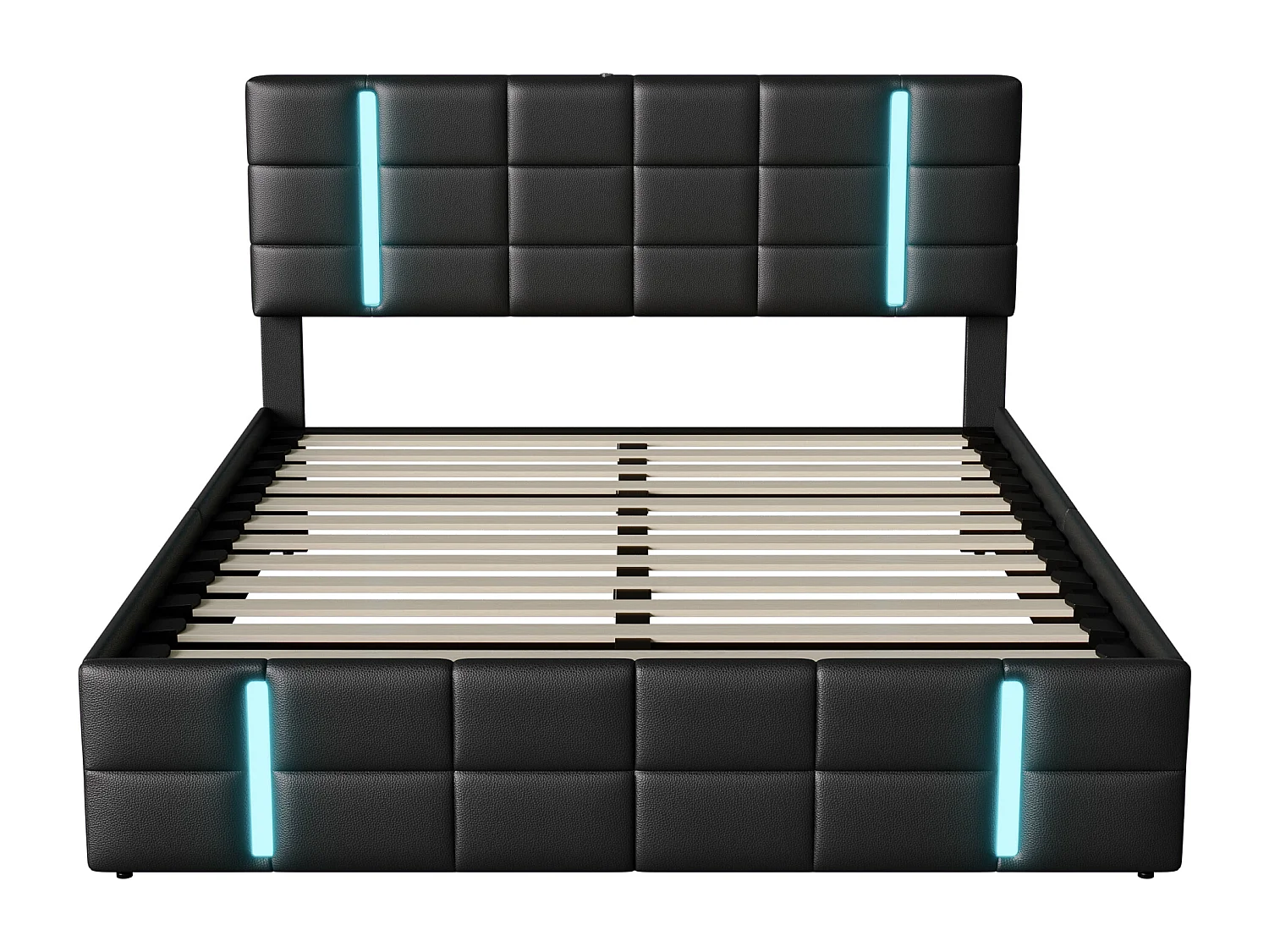 Letto 140x200 cm con base portaoggetti LED e USB, letto imbottito per adulti, letto matrimoniale, PU, ​​nero