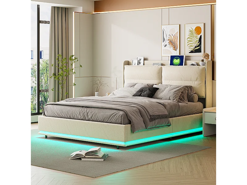 Letto moderno rettangolare 160x200 cm con rete a doghe, imbottito, USB e Type-C, contenitore, beige