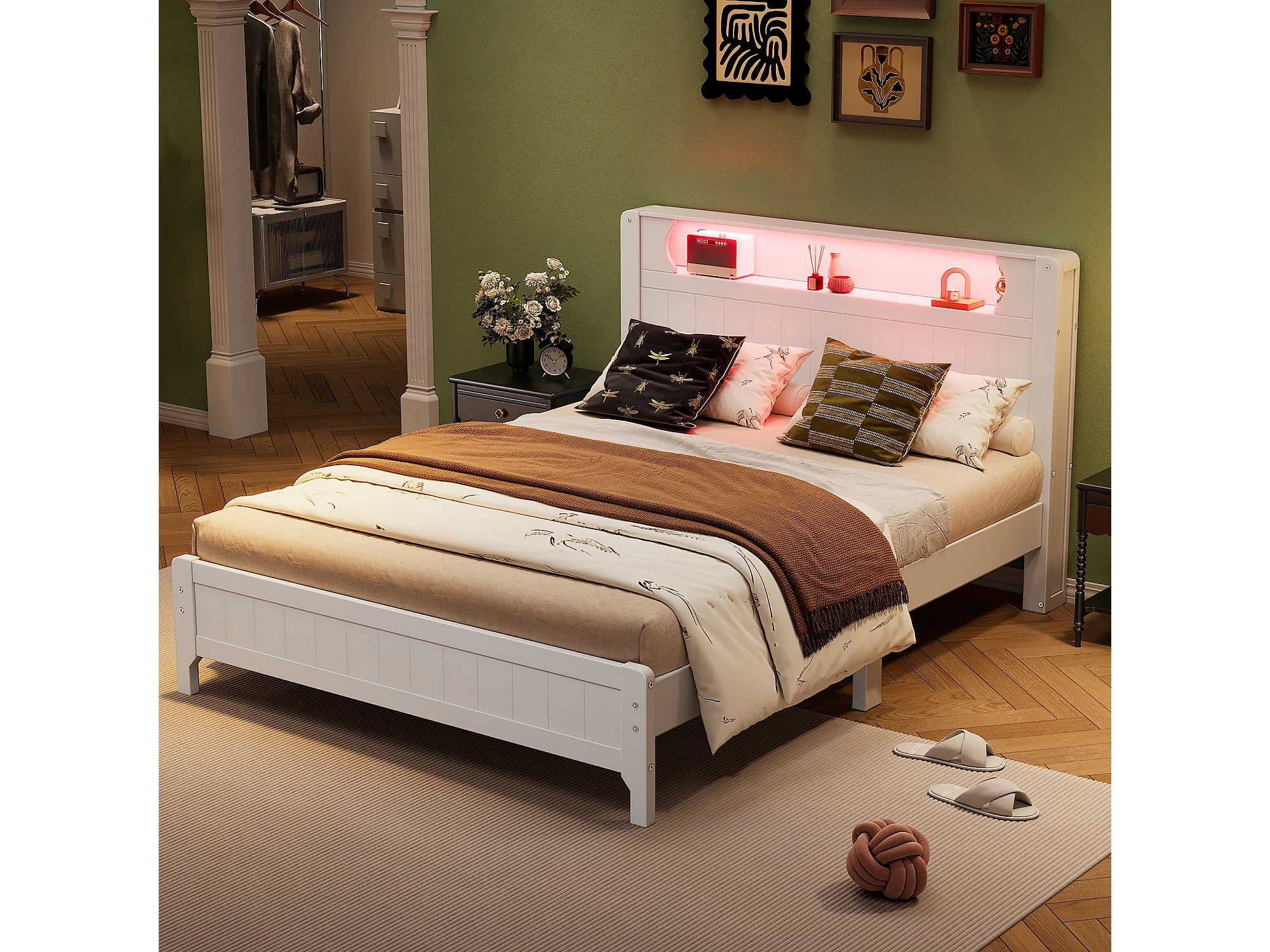 COSTWAY Gestoffeerd bed met led-verlichting en oplaadstation, 140 x 200 cm, bed met verstelbaar gevoerd hoofdeinde en lattenbodem, tweepersoonsbedframe