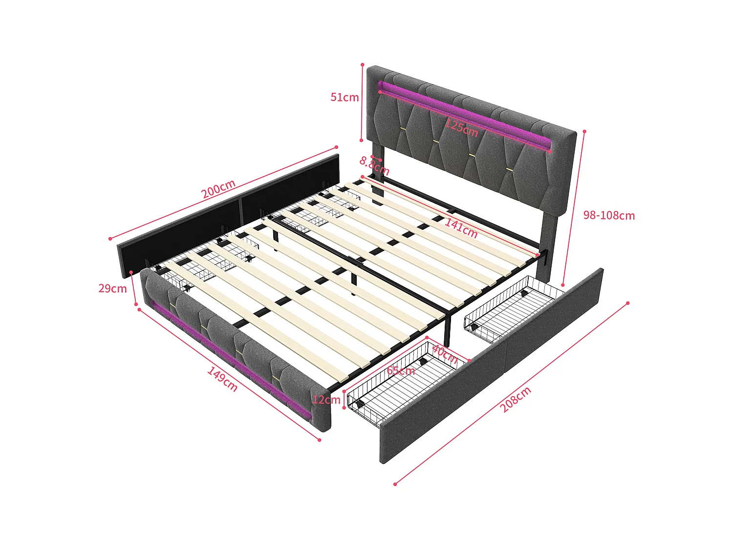 Cama rebatível 140x200 cm com iluminação LED, com cama rebatível, para 2 pessoas, material de linho, cinza