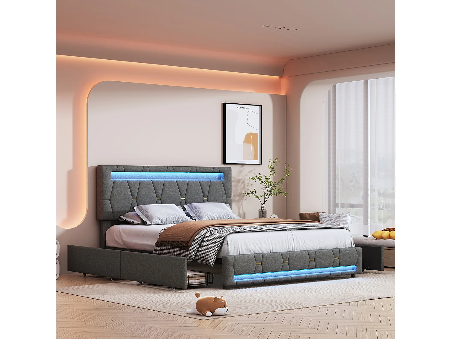 Opbergbed van 140x200 cm met ledverlichting, voor 2 personen, linnen, grijs