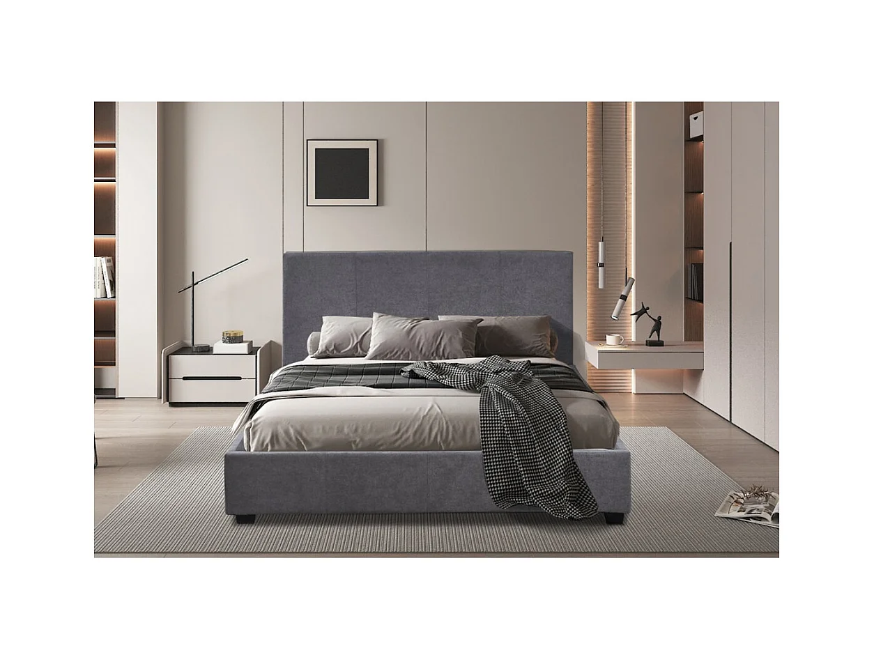 Lit double ROMA – 140x200 cm – PU gris – Sommier inclus – Design moderne – Structure MDF