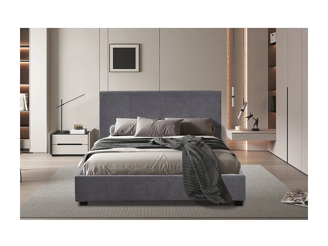 Lit double ROMA – 140x200 cm – PU gris – Sommier inclus – Design moderne – Structure MDF