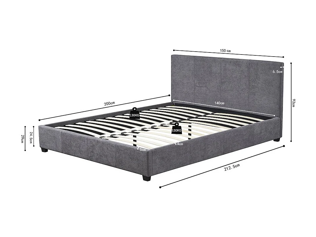 Lit double ROMA – 140x200 cm – PU gris – Sommier inclus – Design moderne – Structure MDF