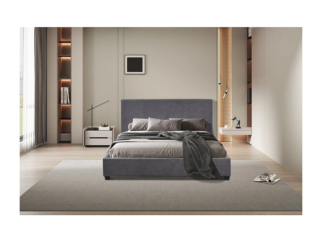 Lit double ROMA – 140x200 cm – PU gris – Sommier inclus – Design moderne – Structure MDF