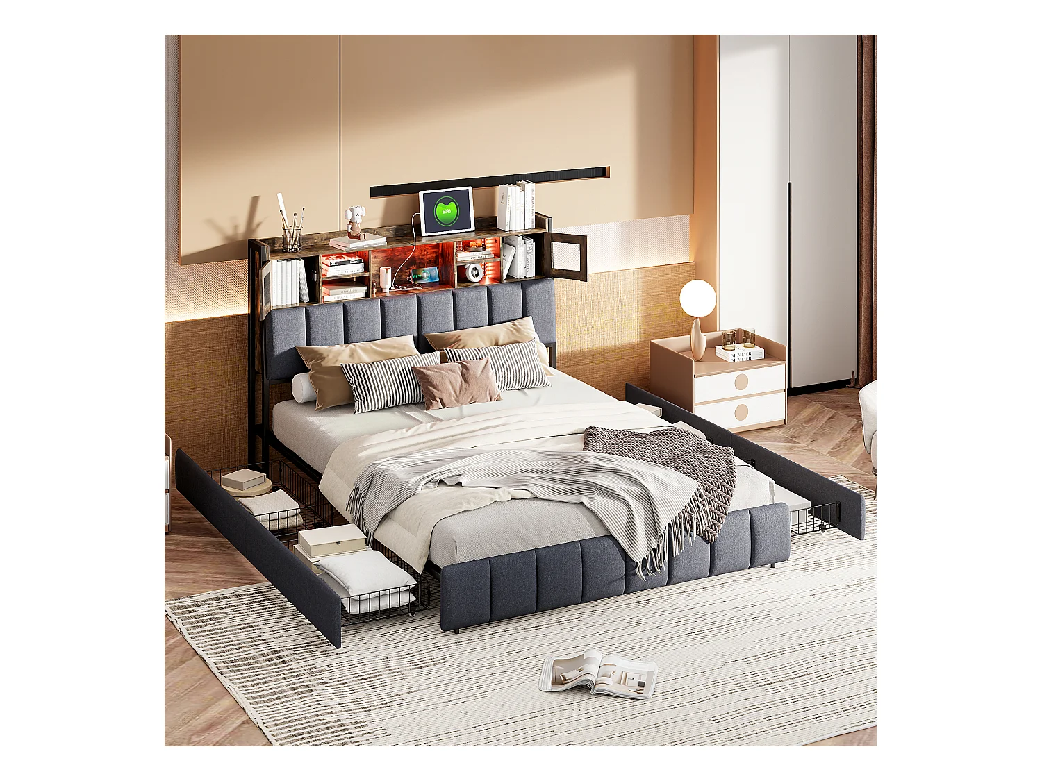 Cama tapizada, 160 x 200 cm, con iluminación LED y carga USB, espacio de almacenamiento, lino, negro