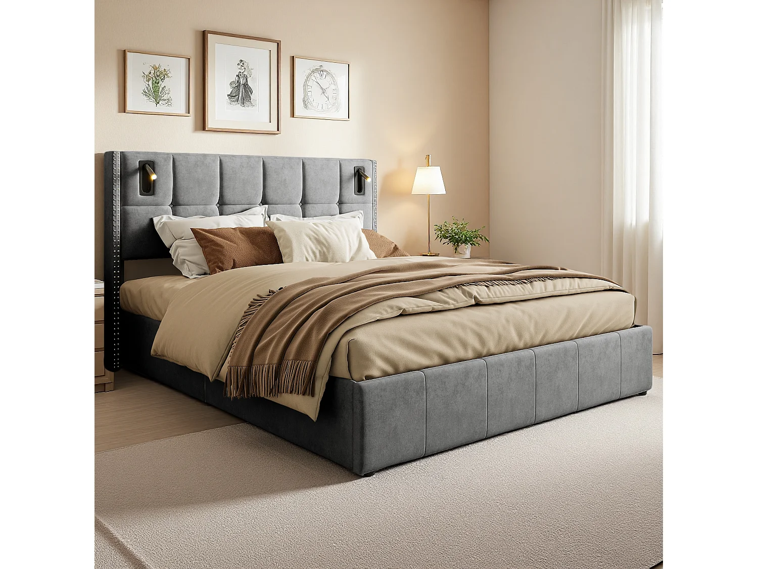 Bed 140x200 cm met opbergruimte, gestoffeerd tweepersoonsbed met leeslamp, hydraulische opbergfunctie, lattenbodem, zonder matras, fluweel, grijs