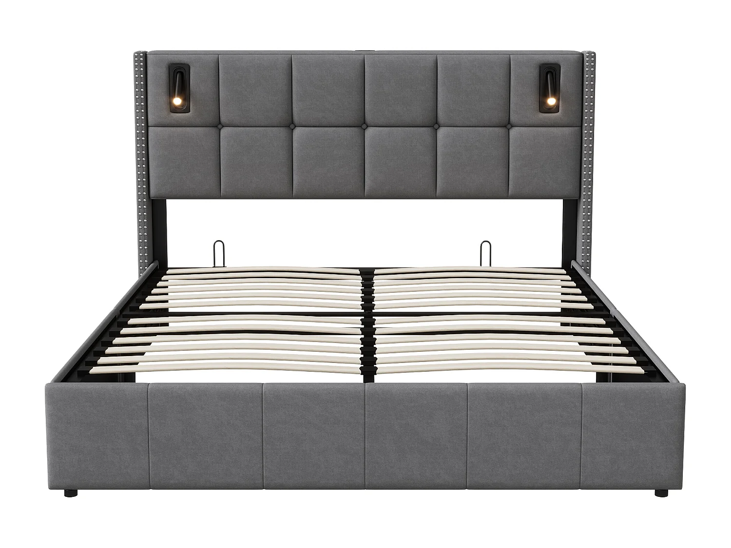 Bed 140x200 cm met opbergruimte, gestoffeerd tweepersoonsbed met leeslamp, hydraulische opbergfunctie, lattenbodem, zonder matras, fluweel, grijs