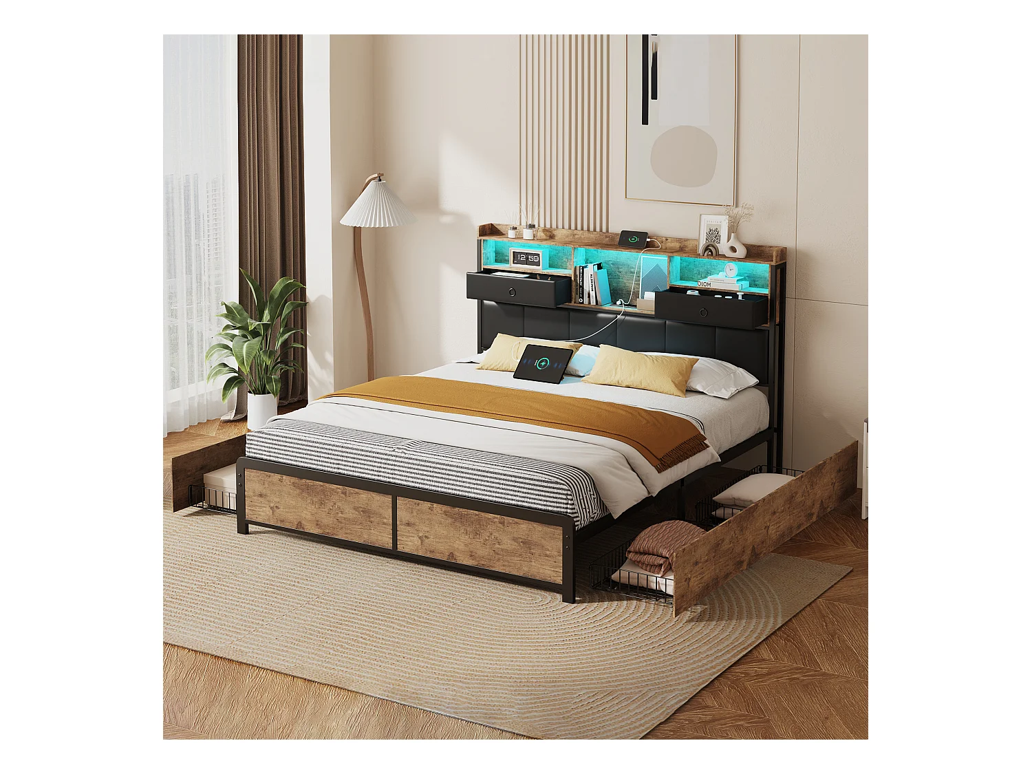 Cama de casal estofada, 160 x 200 cm, com cabeceira LED e tomada USB, estrutura de cama metálica, preta