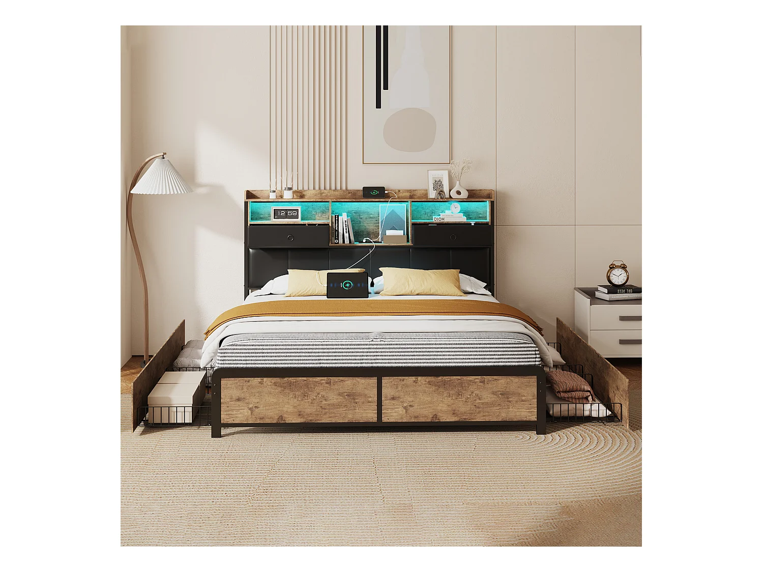 Cama de casal estofada, 160 x 200 cm, com cabeceira LED e tomada USB, estrutura de cama metálica, preta