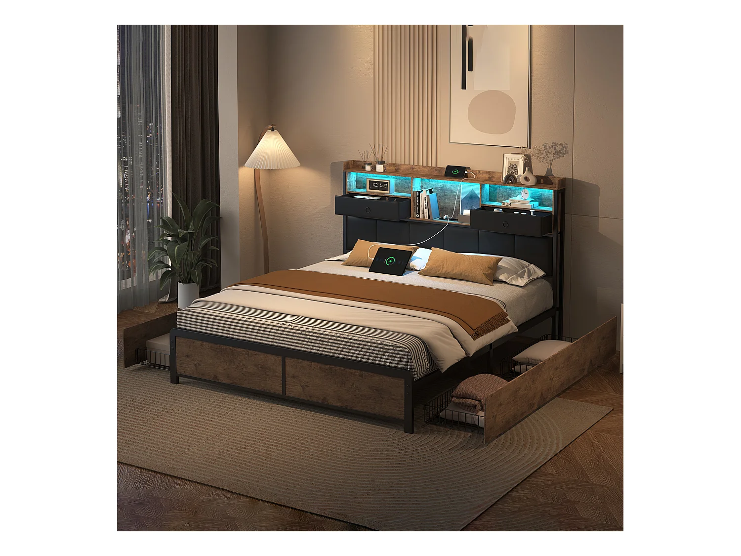 Cama de casal estofada, 160 x 200 cm, com cabeceira LED e tomada USB, estrutura de cama metálica, preta