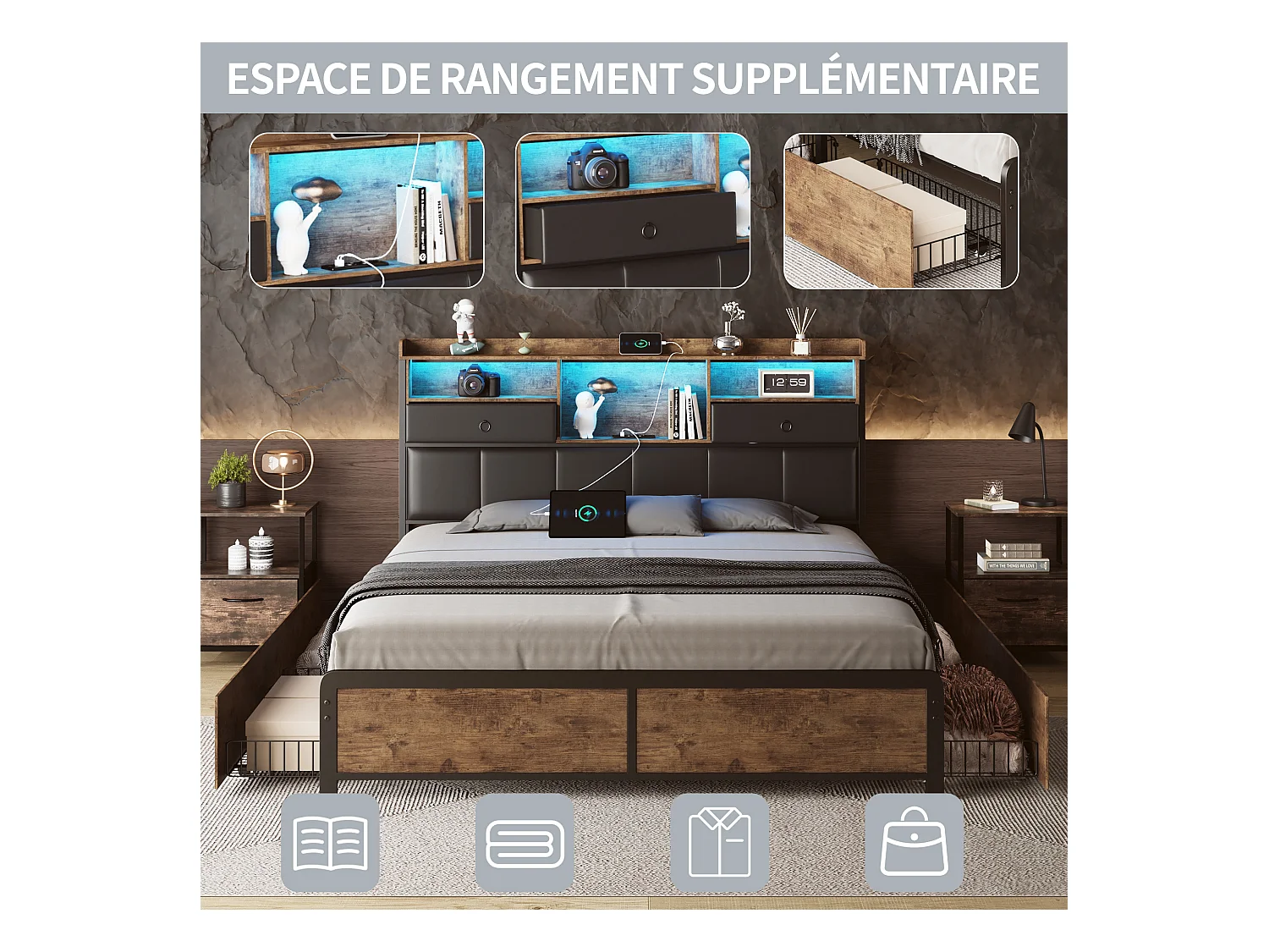 Cama de casal estofada, 160 x 200 cm, com cabeceira LED e tomada USB, estrutura de cama metálica, preta