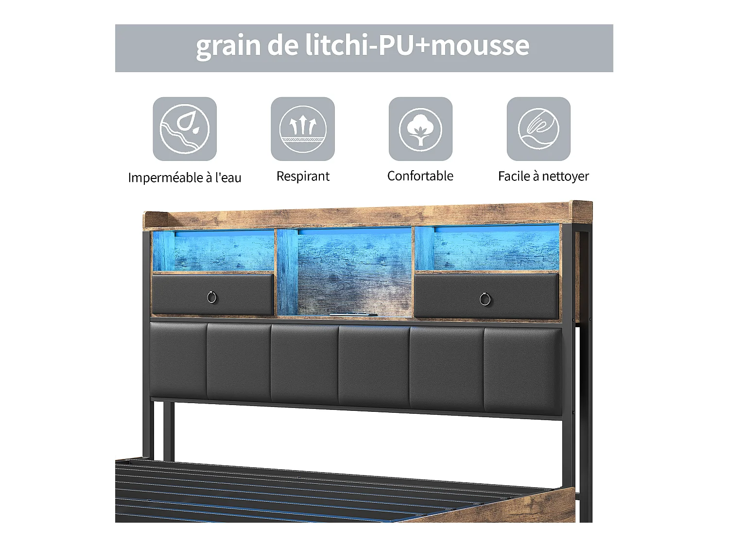 Cama de casal estofada, 160 x 200 cm, com cabeceira LED e tomada USB, estrutura de cama metálica, preta