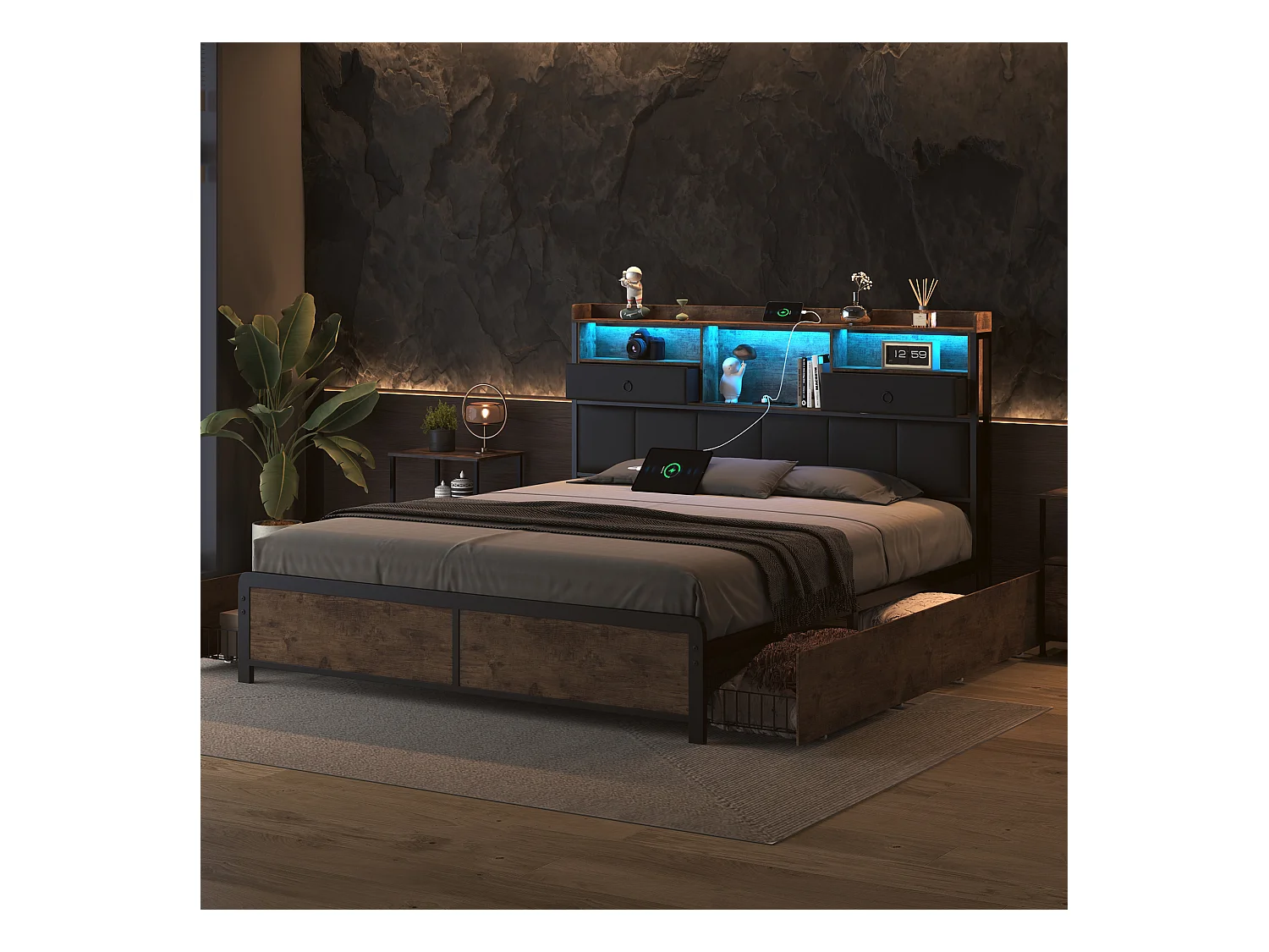 Cama de casal estofada, 160 x 200 cm, com cabeceira LED e tomada USB, estrutura de cama metálica, preta