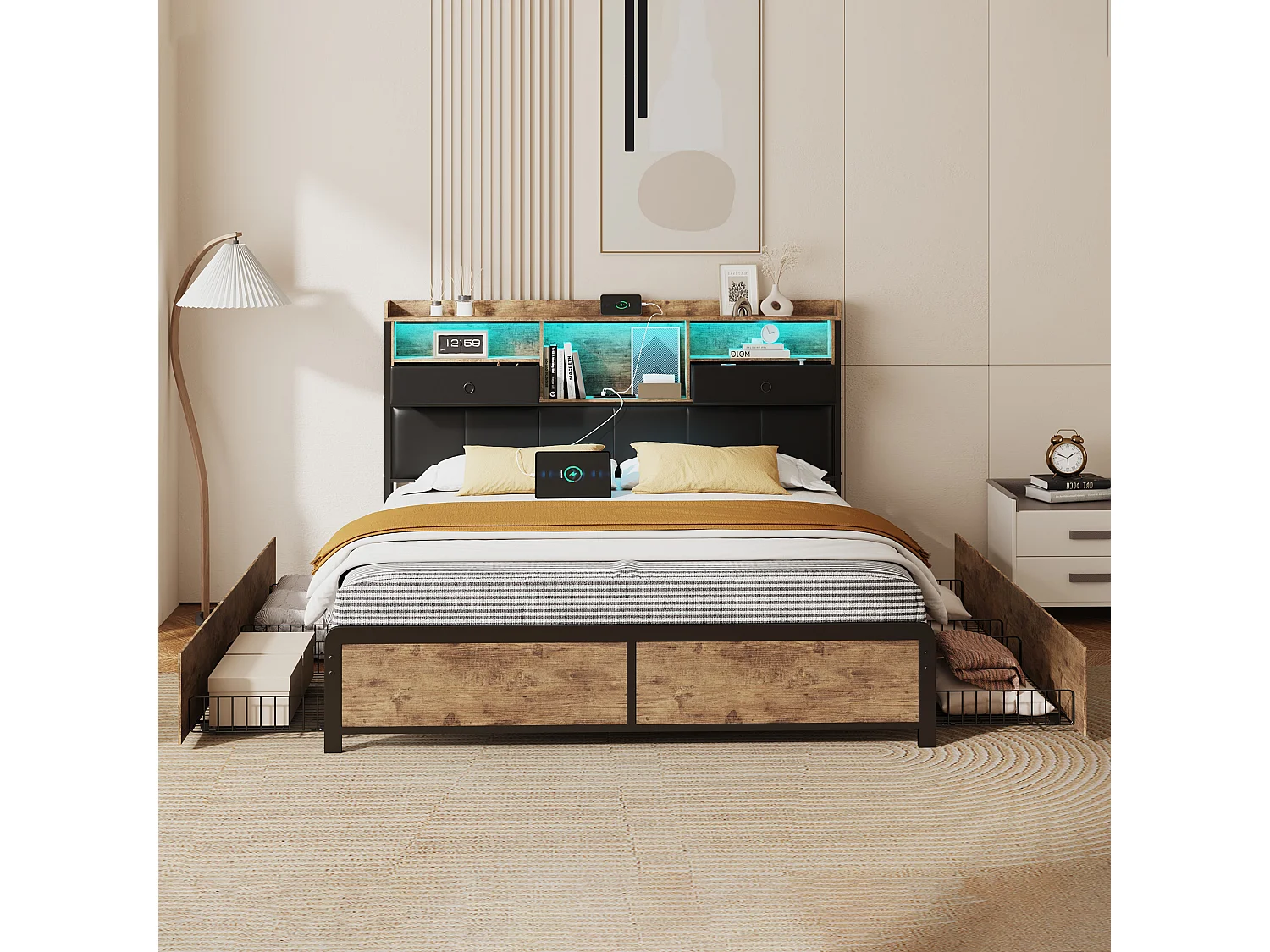 Letto matrimoniale imbottito, 140 x 200 cm, con testiera LED e porta USB, struttura in metallo, nero