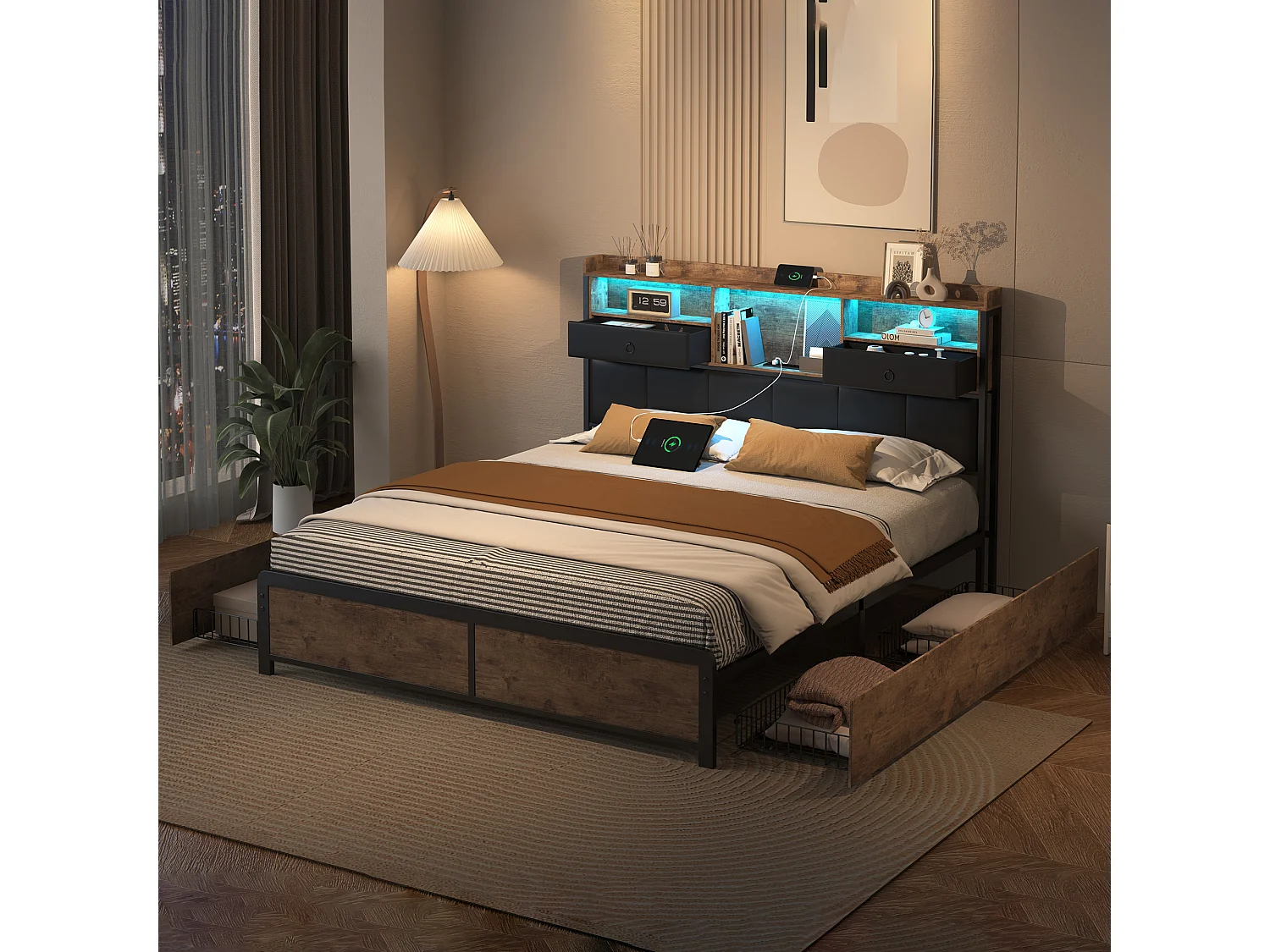 Letto matrimoniale imbottito, 140 x 200 cm, con testiera LED e porta USB, struttura in metallo, nero