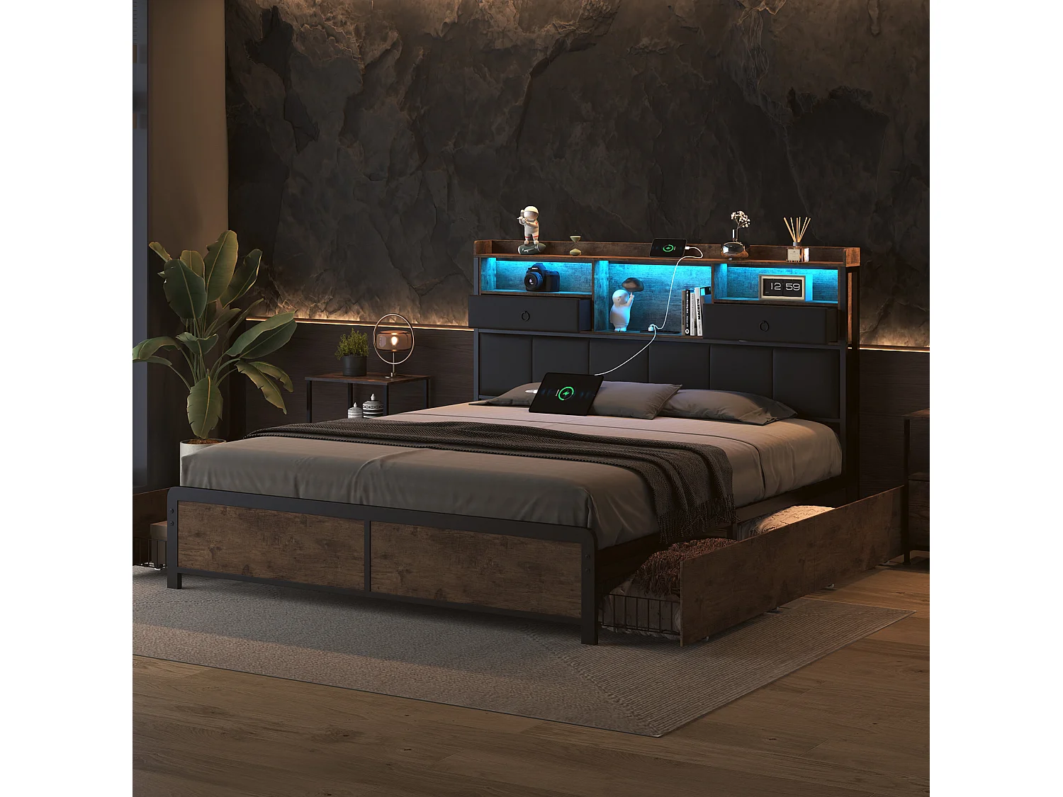 Letto matrimoniale imbottito, 140 x 200 cm, con testiera LED e porta USB, struttura in metallo, nero