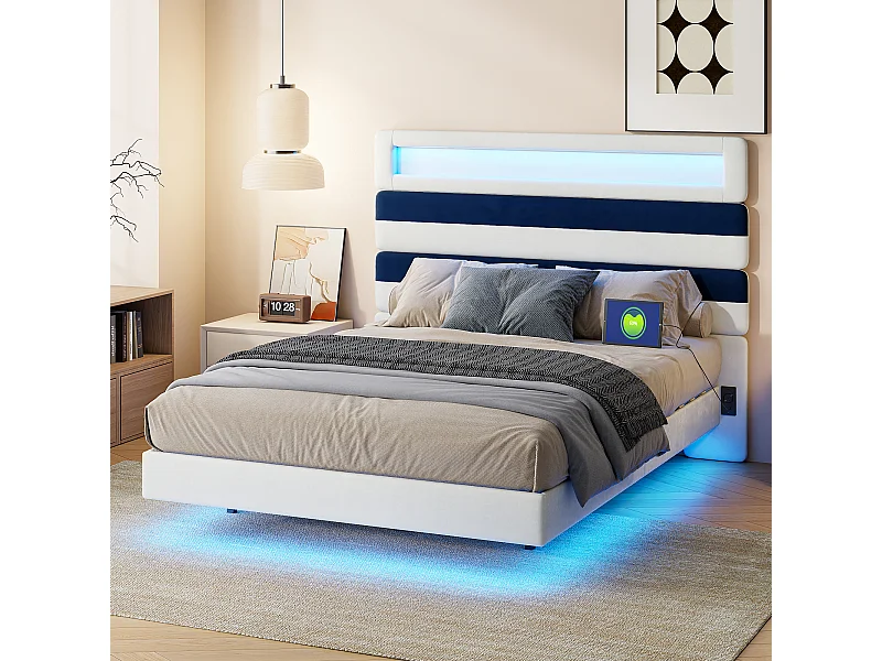 Cadre de lit 140x190 cm avec Sommier,  avec LED et USB,  tête de lit réglable avec Rangement, Blanc