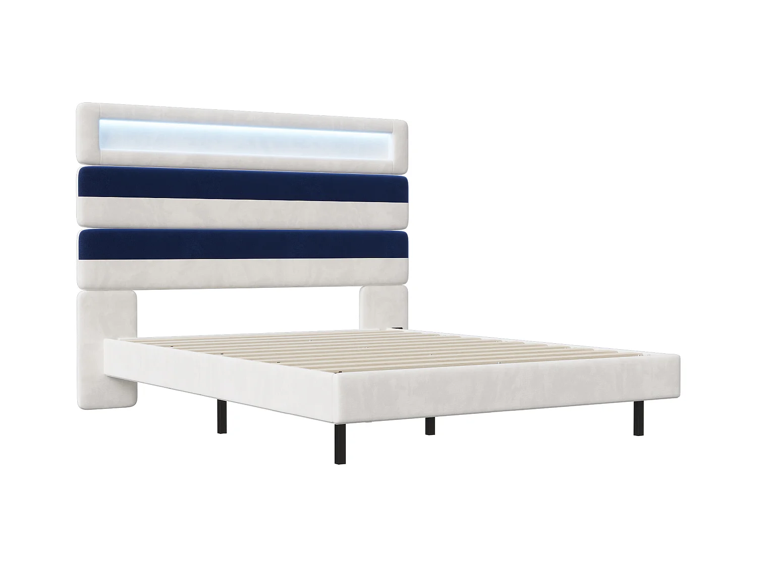 Struttura letto 140x190 cm con base, con LED e USB, testiera regolabile con contenitore, Bianco