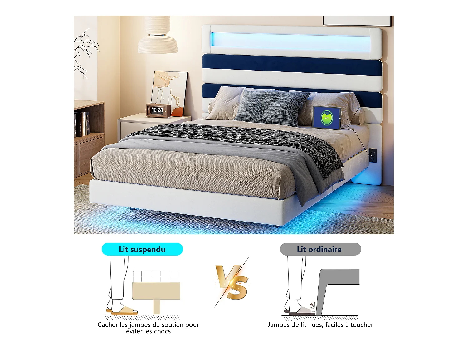 Estructura de cama 140x190 cm con base, con LED y USB, cabecero regulable con almacenaje, Blanco