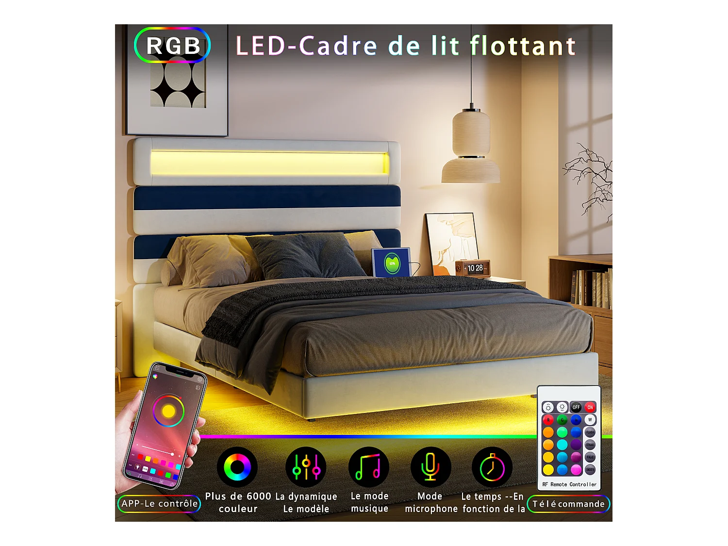 Estructura de cama 140x190 cm con base, con LED y USB, cabecero regulable con almacenaje, Blanco