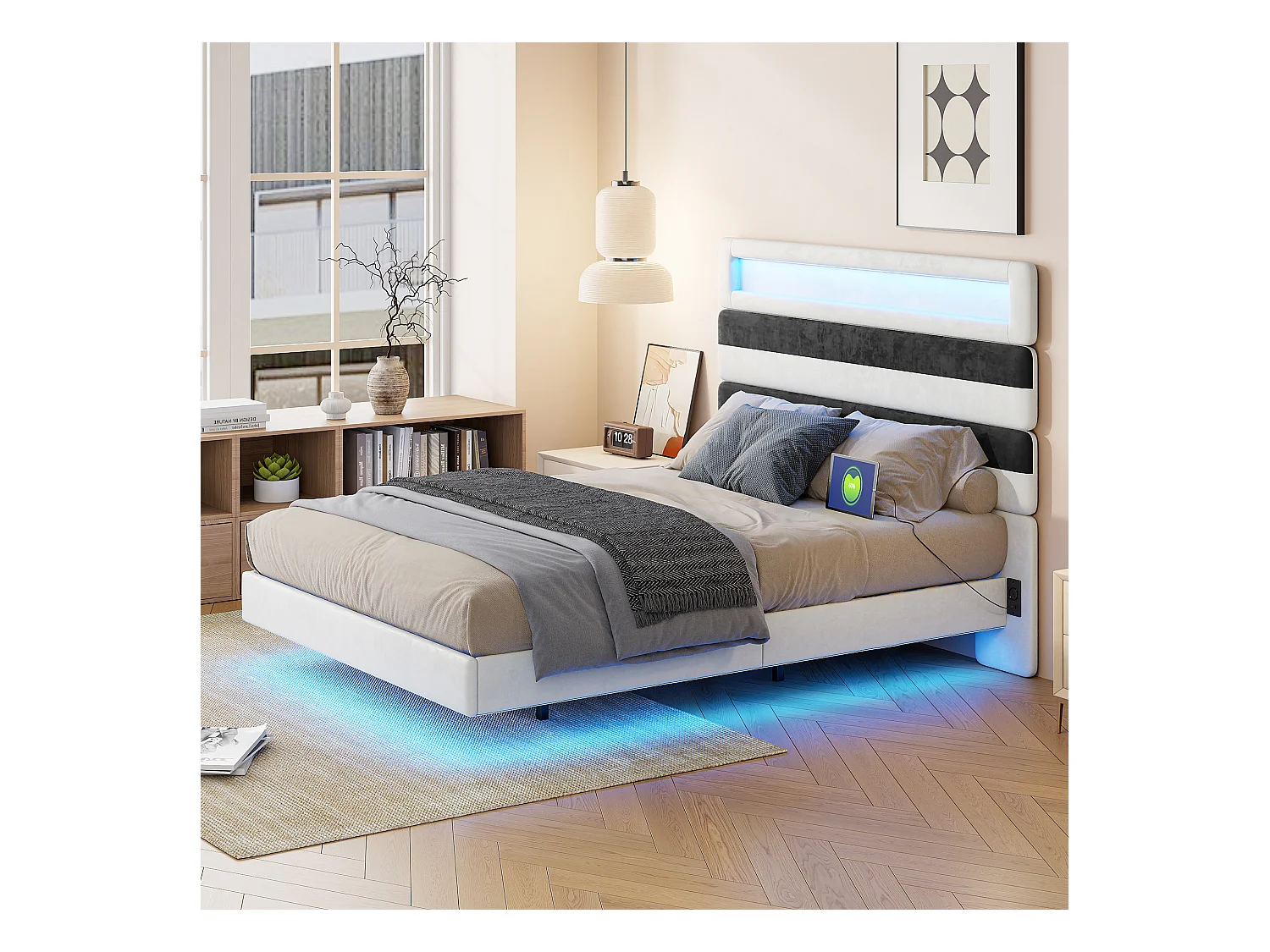 Estructura de cama 140x190 cm con base, con LED y USB, cabecero regulable con almacenaje, Blanco