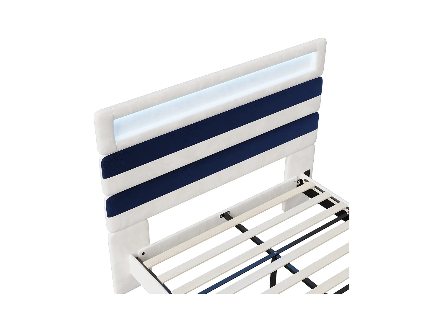 Estructura de cama 140x190 cm con base, con LED y USB, cabecero regulable con almacenaje, Blanco