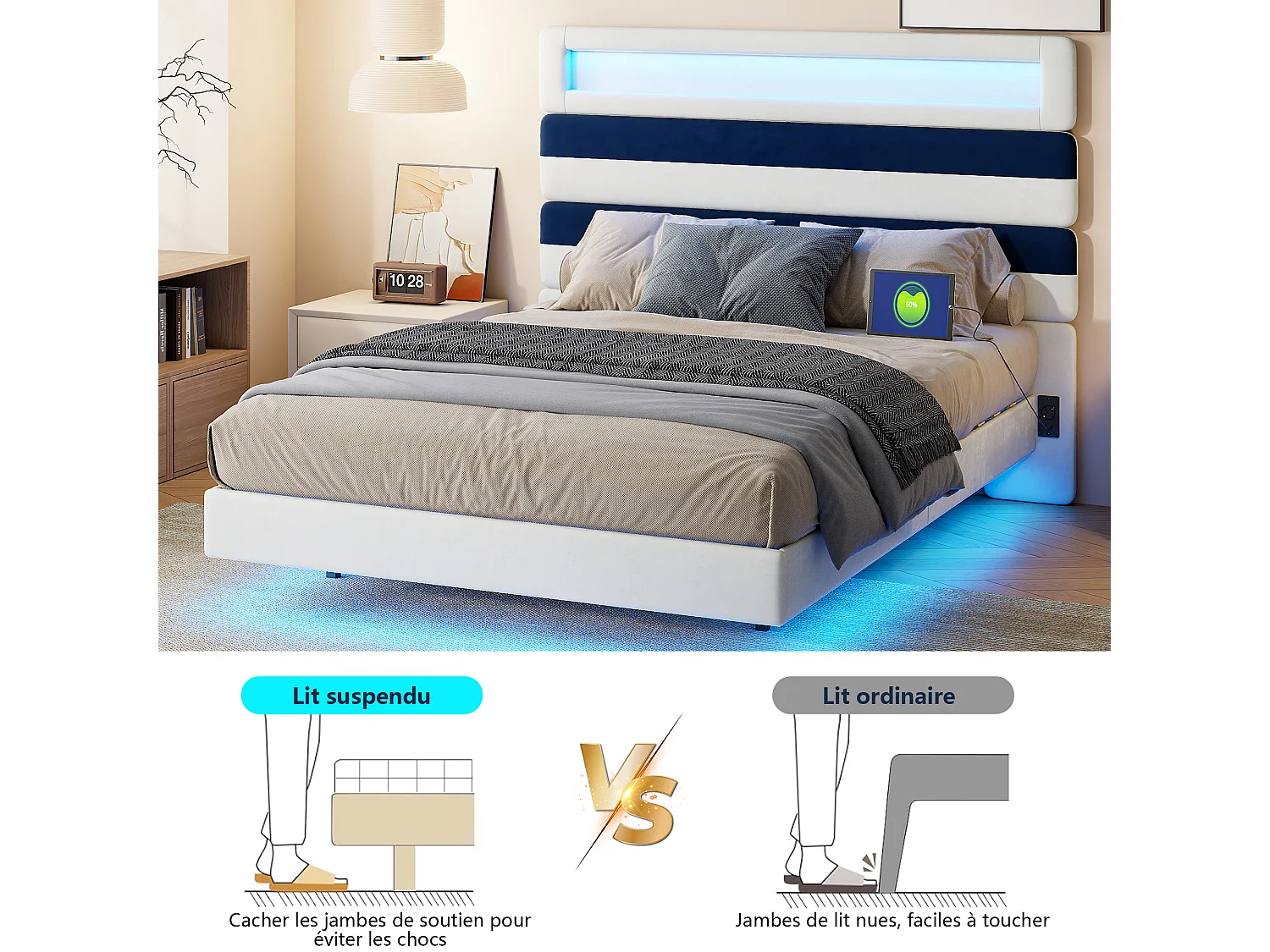 Cadre de lit 140x190 cm avec Sommier,  avec LED et USB,  tête de lit réglable avec Rangement, Blanc