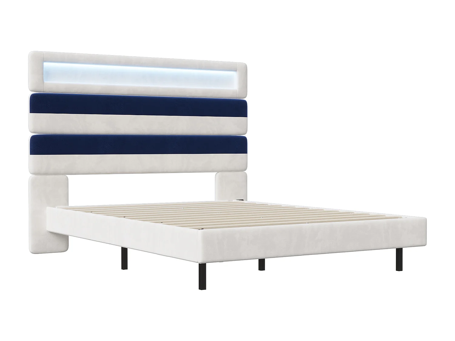 Cadre de lit 140x190 cm avec Sommier,  avec LED et USB,  tête de lit réglable avec Rangement, Blanc