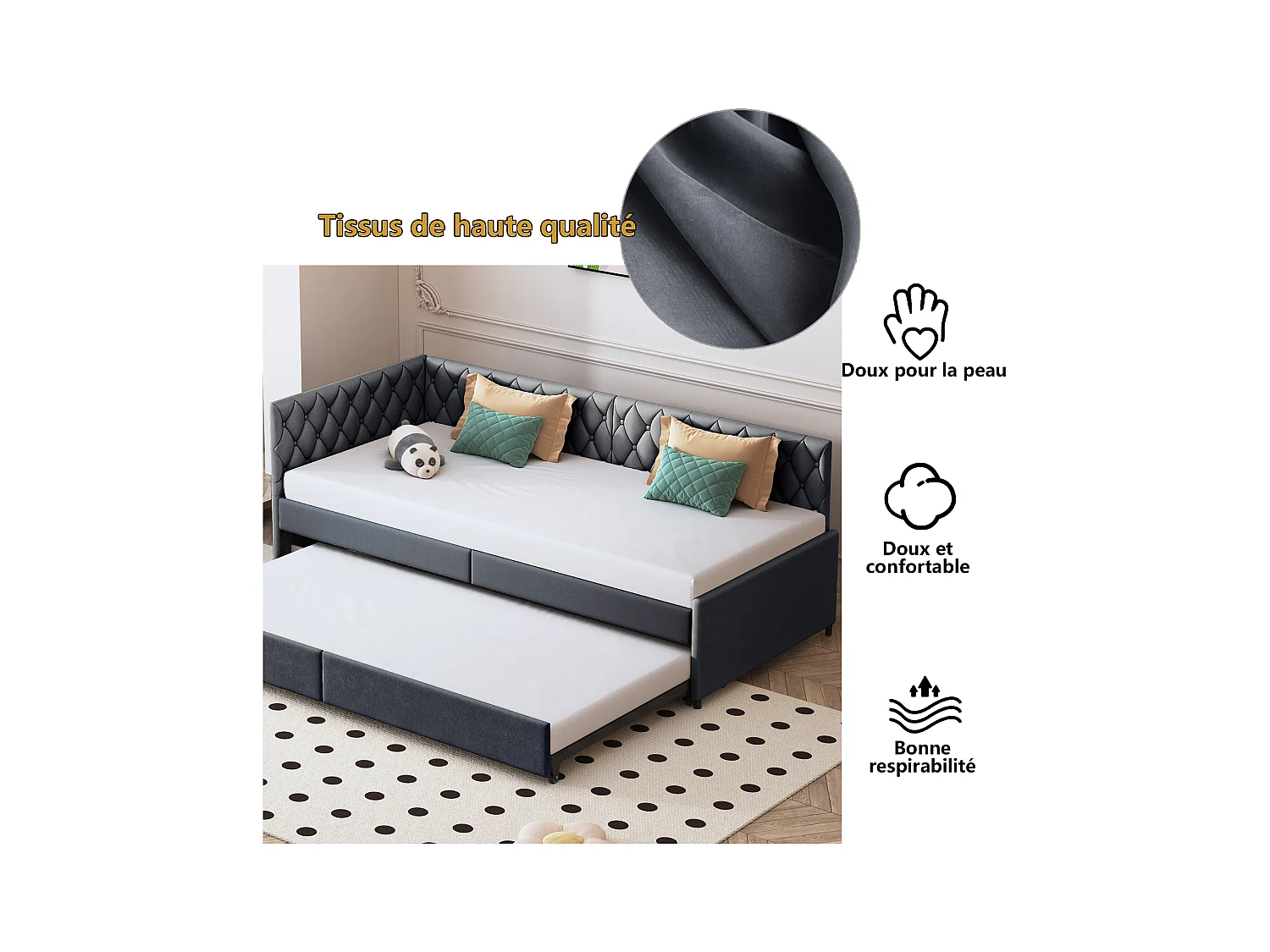 Divano letto trasformabile 90/180 x 200 cm, divano letto 2 posti estraibile con rete a doghe, Grigio