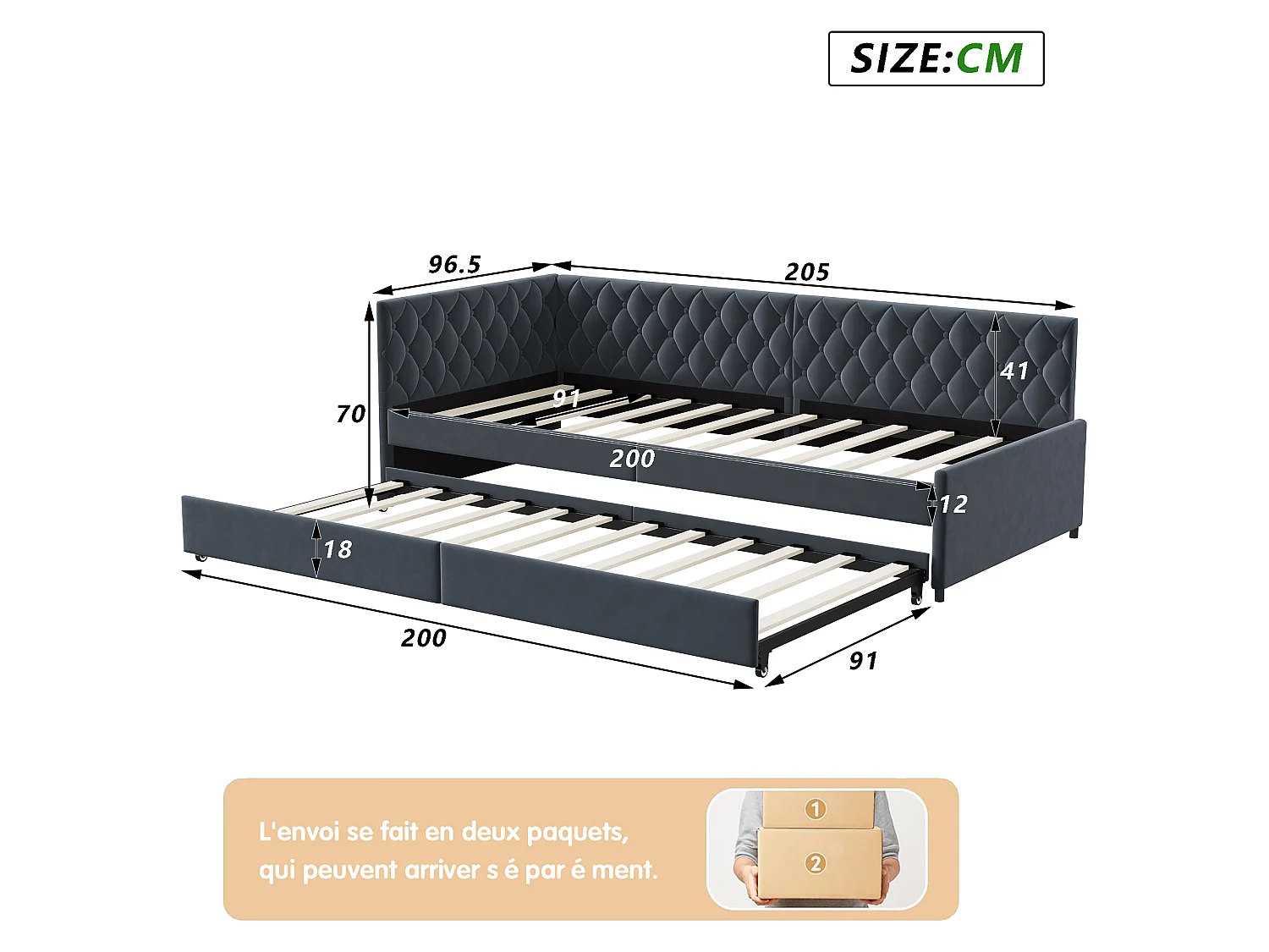 Sofá-cama conversível 90/180 x 200 cm, sofá-cama de 2 lugares com base de ripas, cinza