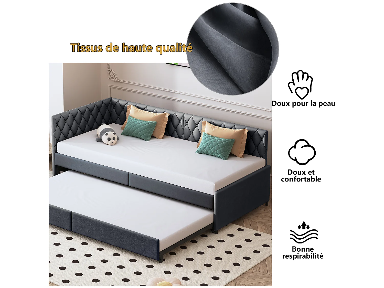 Sofá-cama conversível 90/180 x 200 cm, sofá-cama de 2 lugares com base de ripas, cinza