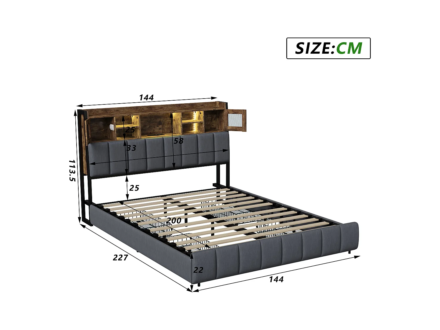 Gestoffeerd bed, 140 x 200 cm, met ledverlichting en USB-oplader, opbergruimte, linnen, zwart