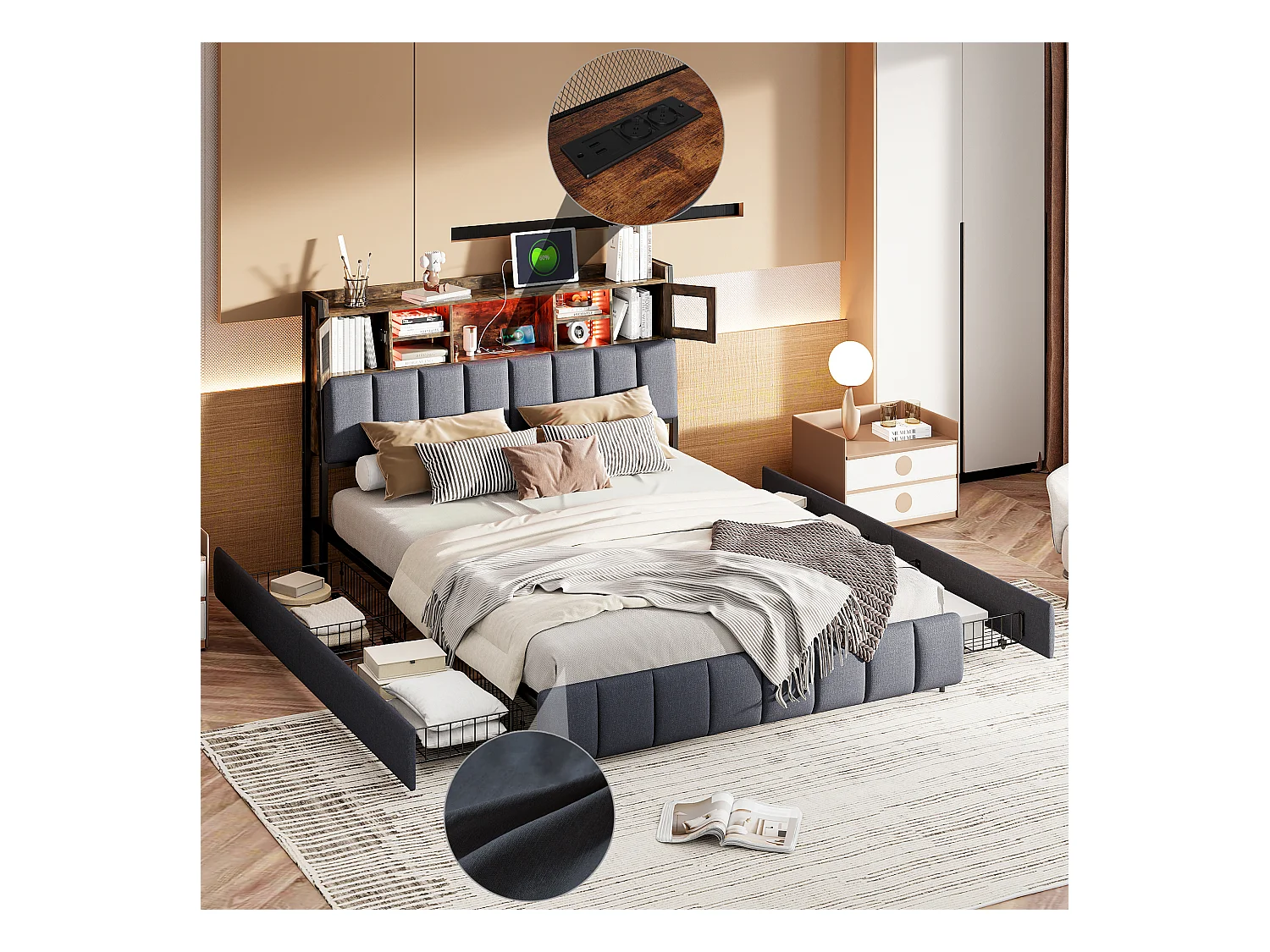 Gestoffeerd bed, 140 x 200 cm, met ledverlichting en USB-oplader, opbergruimte, linnen, zwart