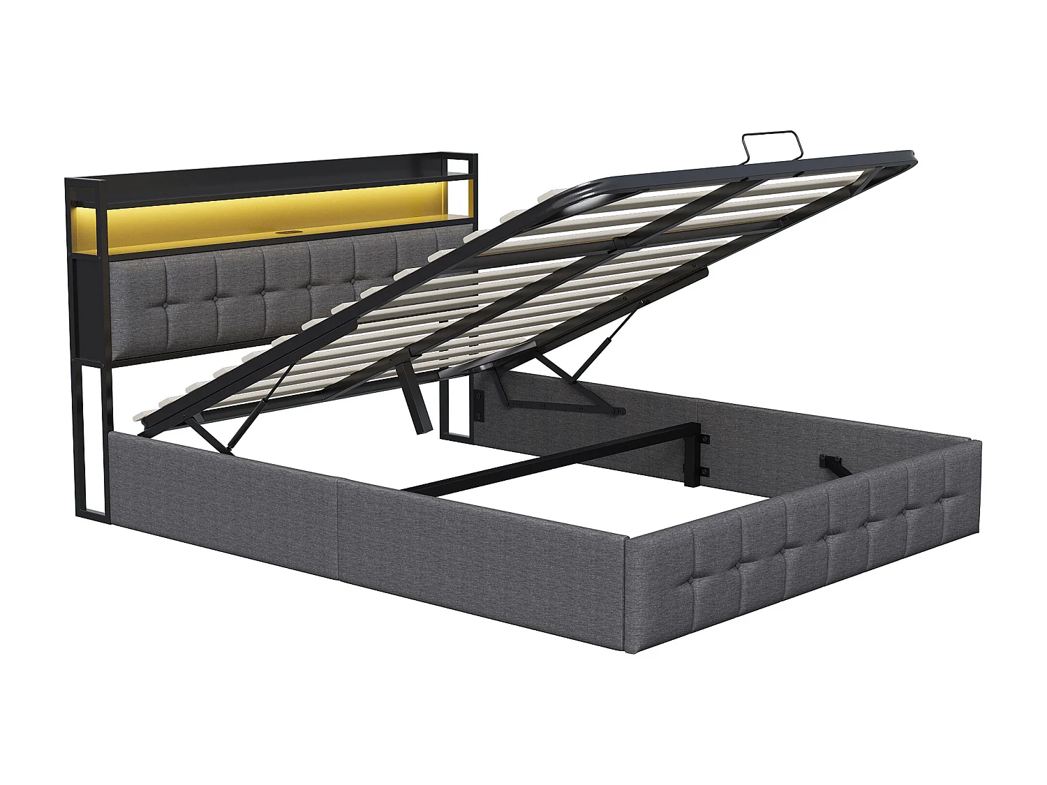 Tweepersoonsbed 140x200 cm met bedbodem en opbergruimte, gestoffeerd bed met LED-verlichting en USB-aansluiting, linnen, grijs