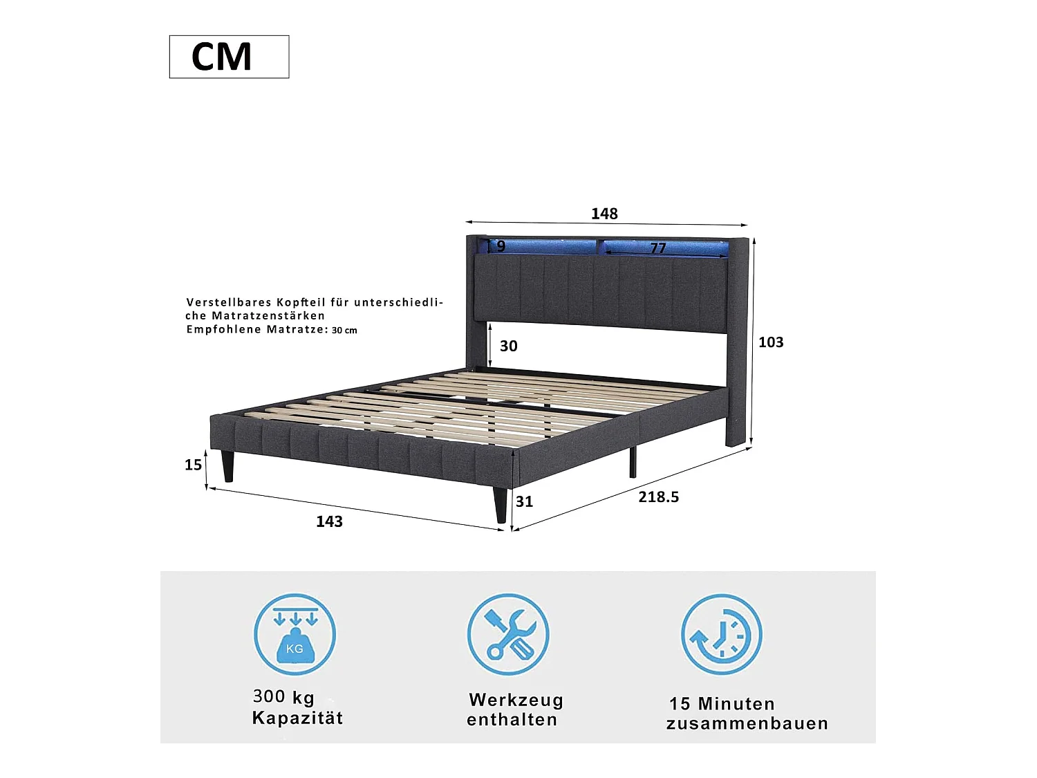 Cama estofada, 140 x 200 cm, com LED e carregamento USB, funcional, espaço de armazenamento, cinza