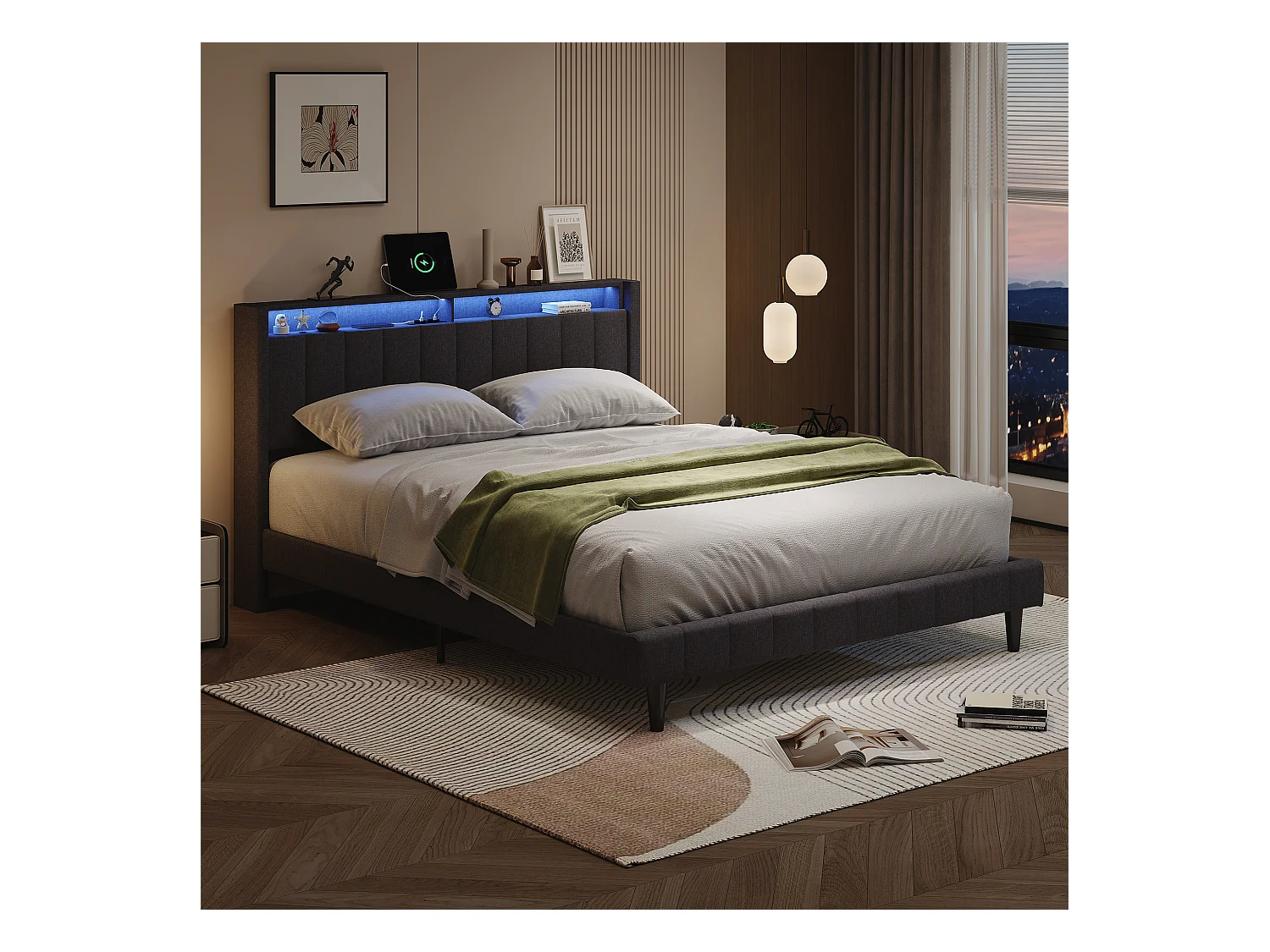 Cama estofada, 140 x 200 cm, com LED e carregamento USB, funcional, espaço de armazenamento, cinza