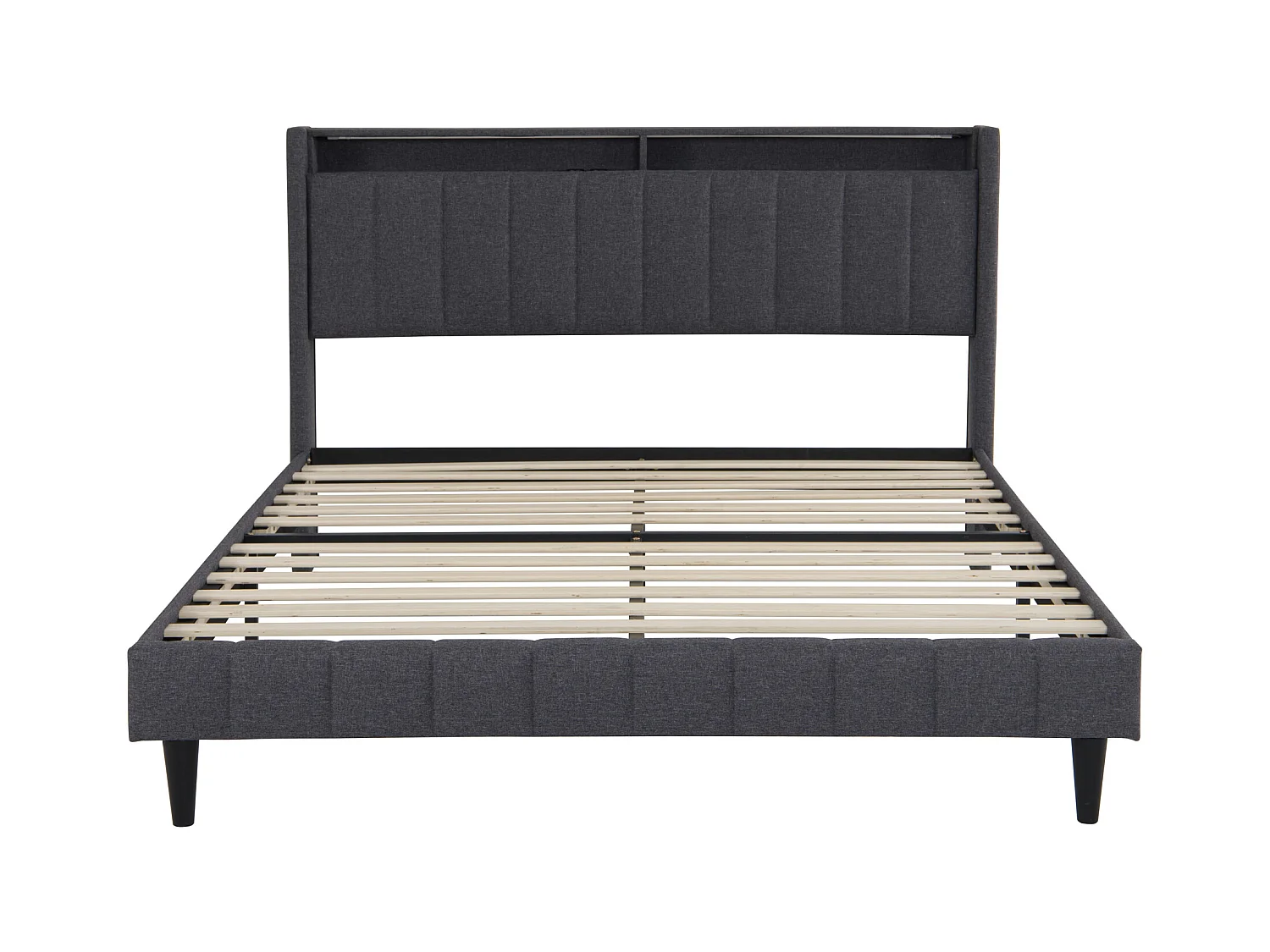 Cama estofada, 140 x 200 cm, com LED e carregamento USB, funcional, espaço de armazenamento, cinza