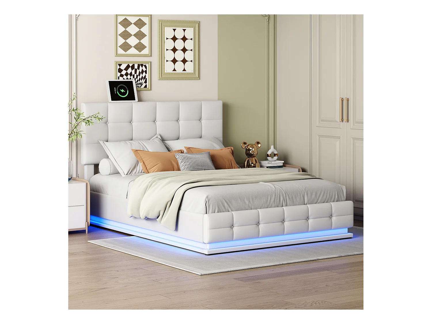 Lit Rembourré 140 X 200 Cm avec LED Et Rangement par Levage Hydraulique, Lit Double, PU , Blanc