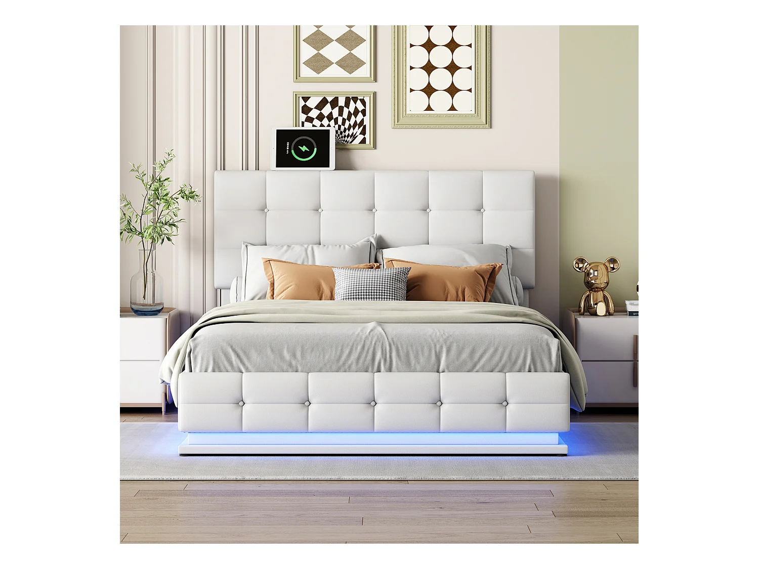 Lit Rembourré 140 X 200 Cm avec LED Et Rangement par Levage Hydraulique, Lit Double, PU , Blanc