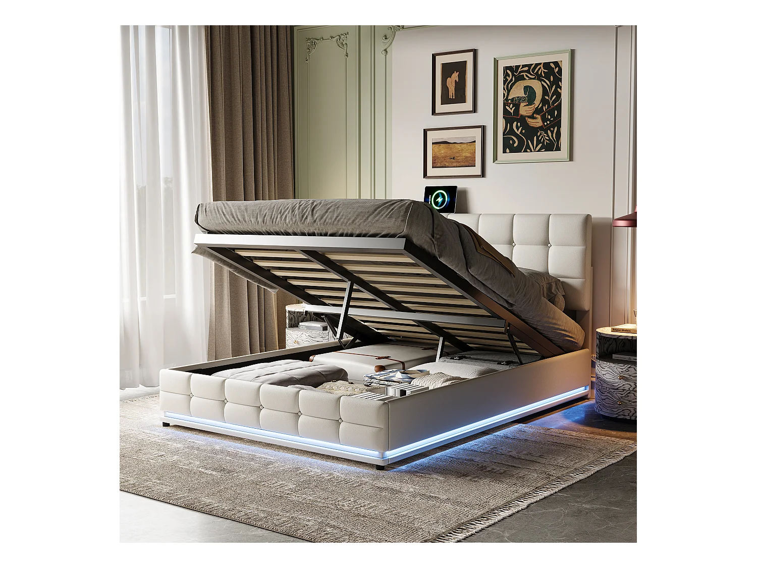 Lit Rembourré 140 X 200 Cm avec LED Et Rangement par Levage Hydraulique, Lit Double, PU , Blanc