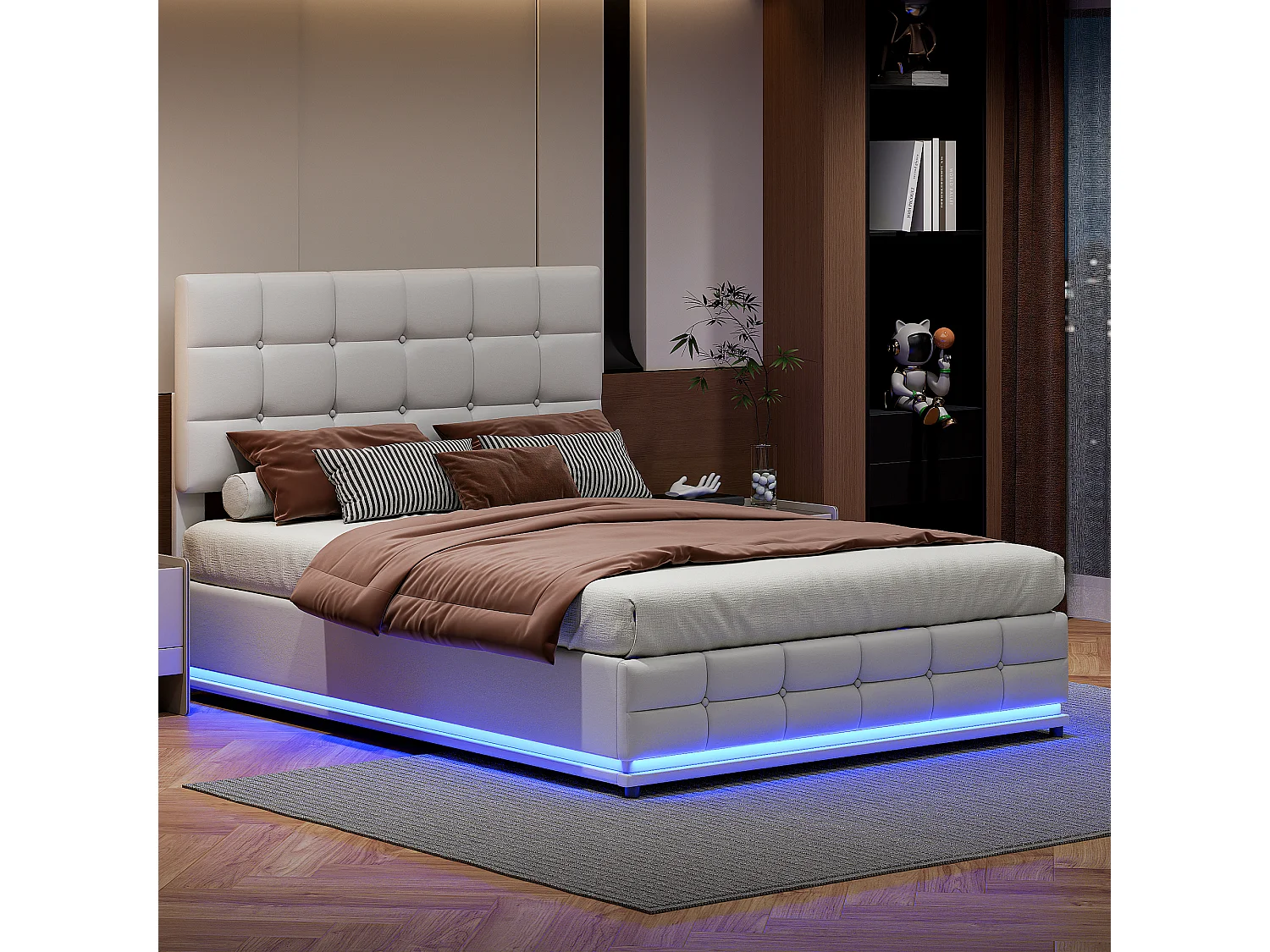 Lit Rembourré 140 X 200 Cm avec LED Et Rangement par Levage Hydraulique, Lit Double, PU , Blanc