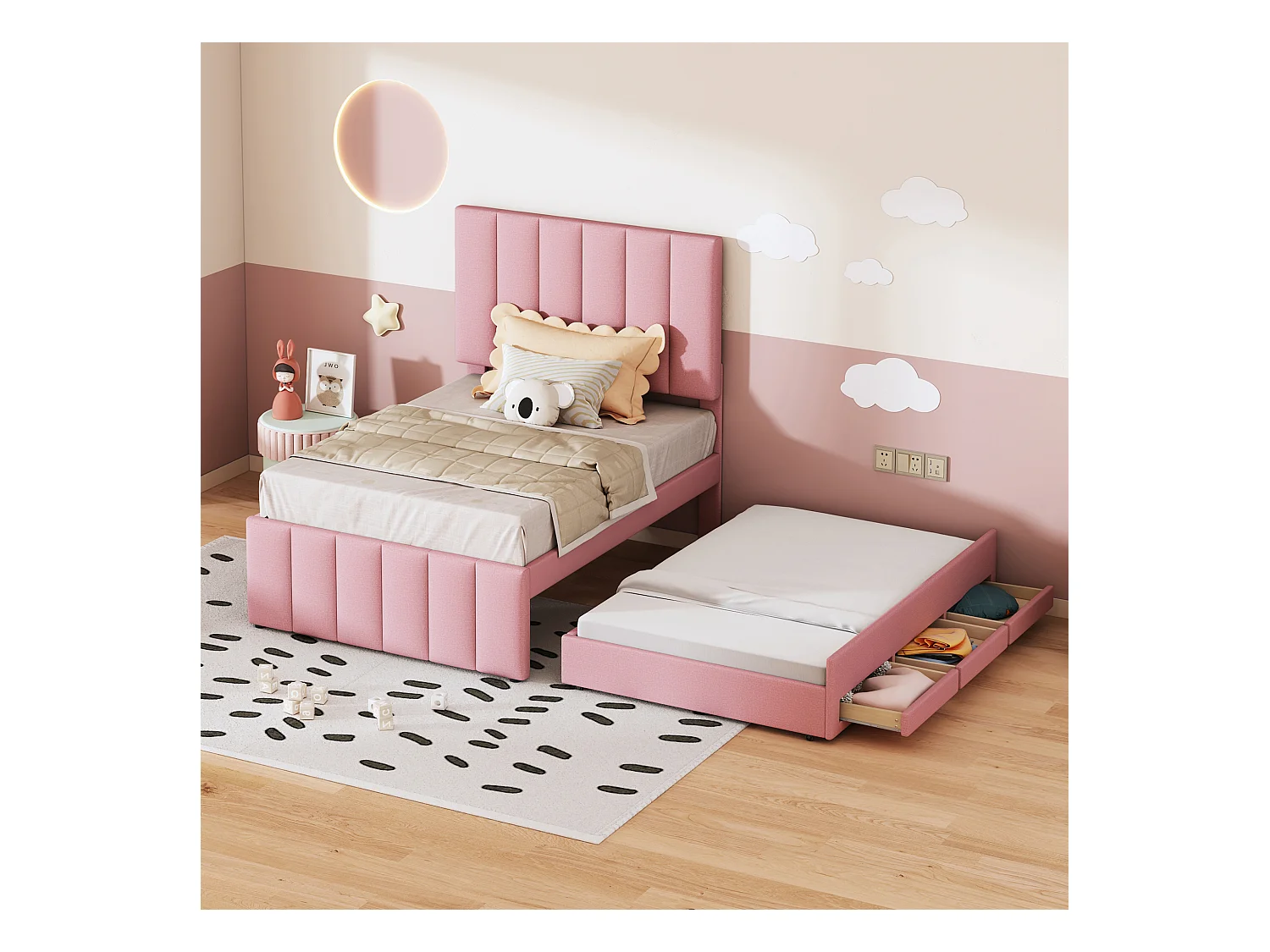 Lit enfant 90x200 cm avec lit gigogne 90x190cm avec tiroirs de rangement, en lin, sans matelas, rose