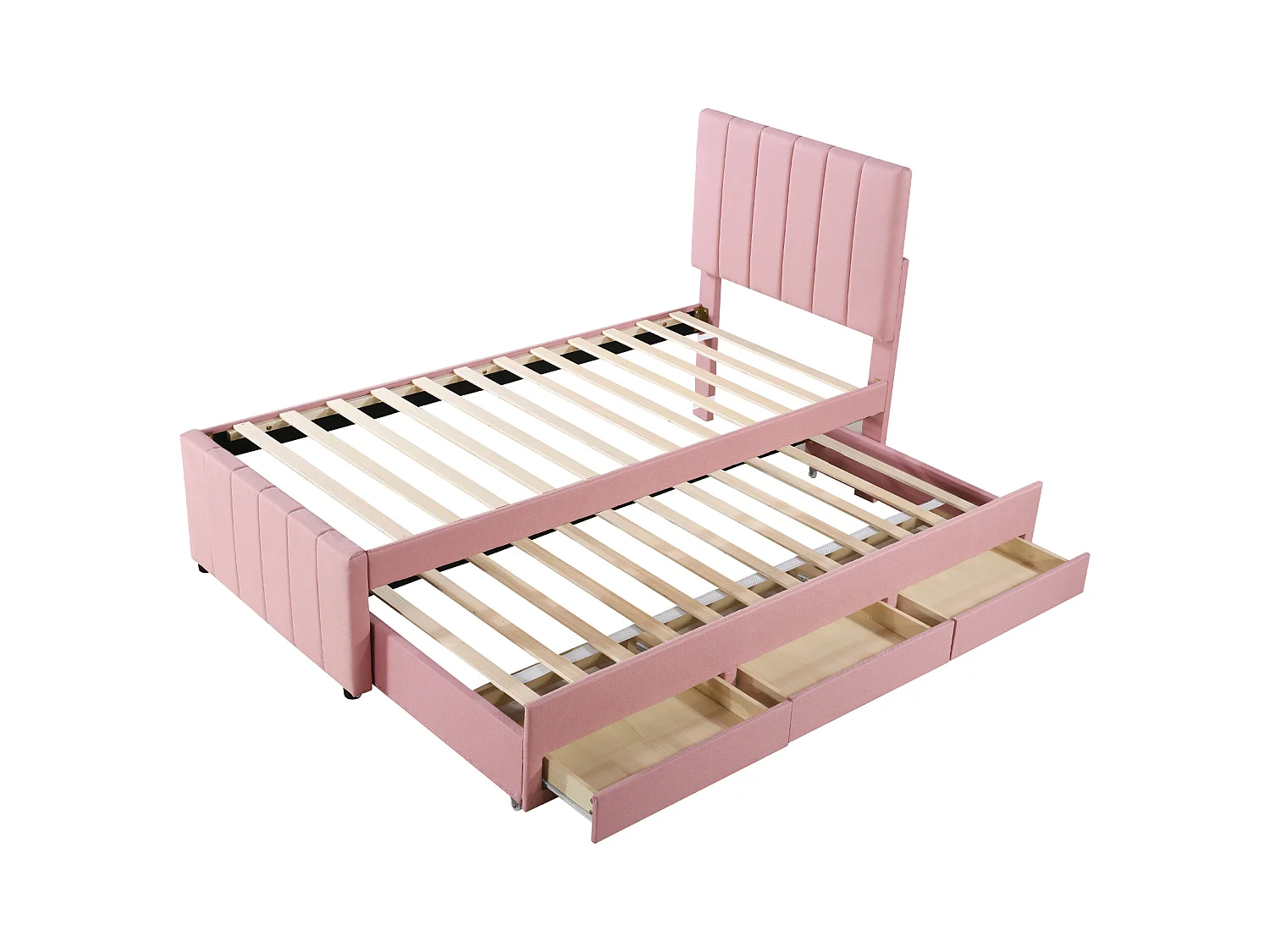 Lit enfant 90x200 cm avec lit gigogne 90x190cm avec tiroirs de rangement, en lin, sans matelas, rose