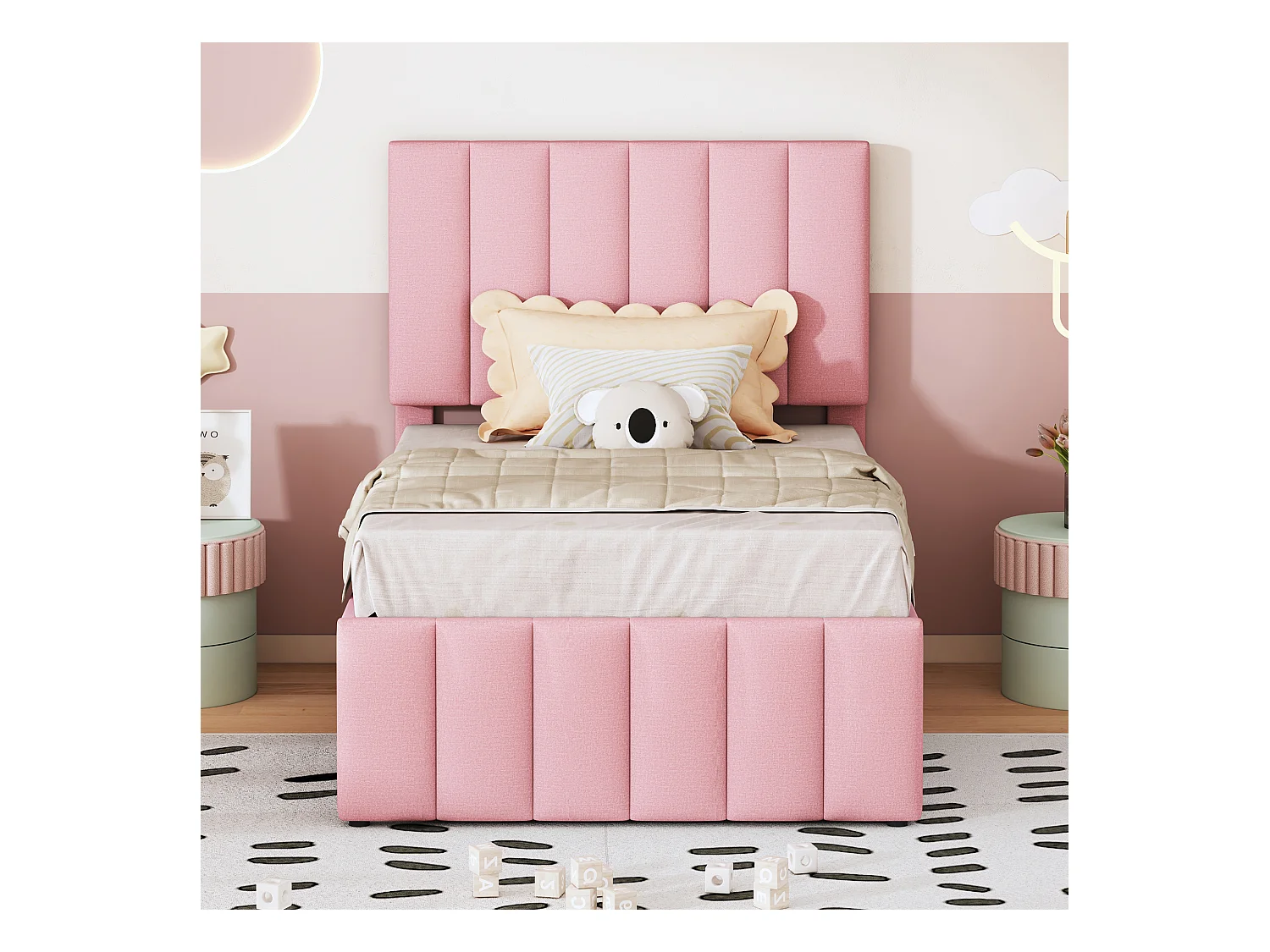 Lit enfant 90x200 cm avec lit gigogne 90x190cm avec tiroirs de rangement, en lin, sans matelas, rose