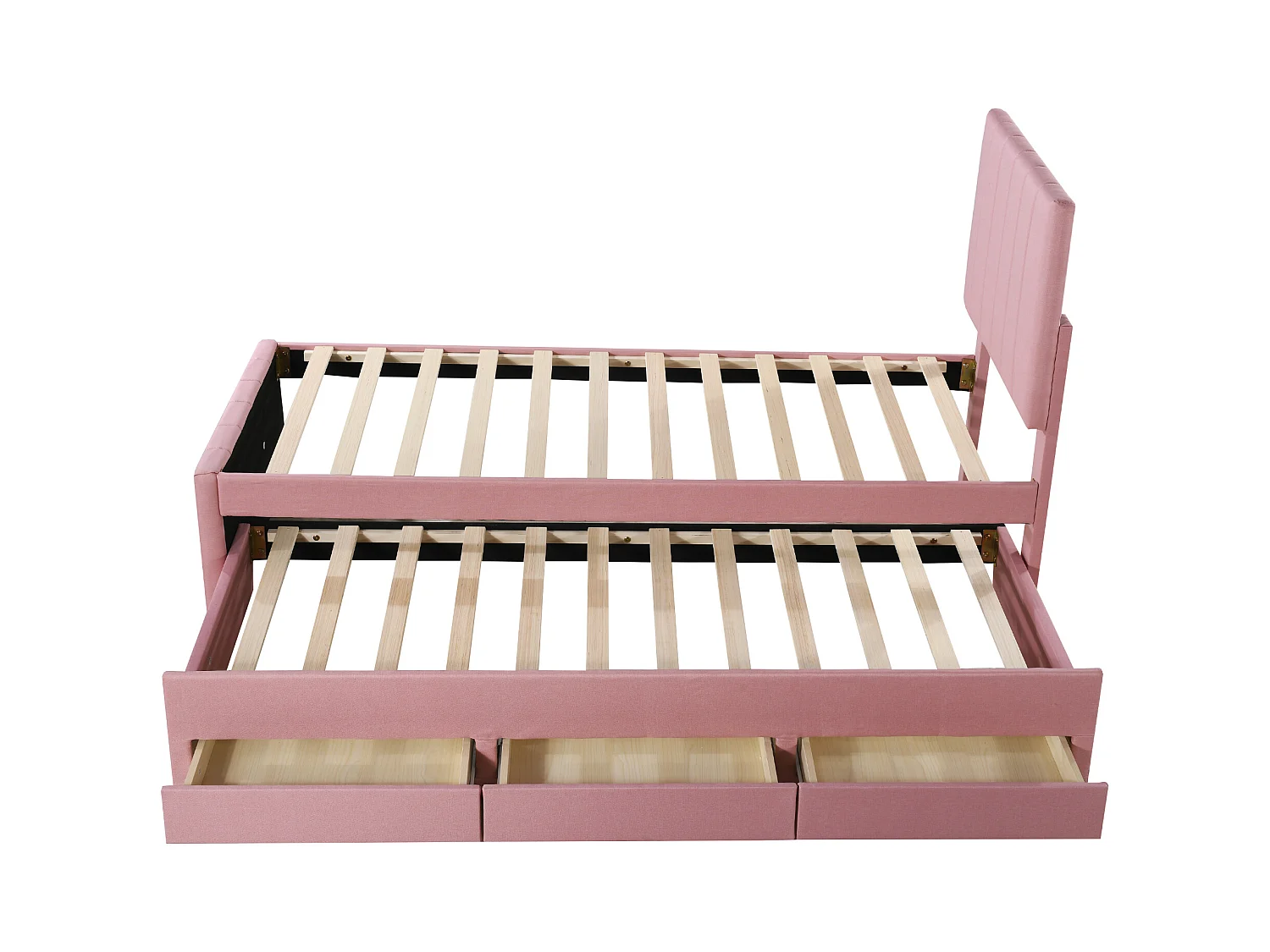 Lit enfant 90x200 cm avec lit gigogne 90x190cm avec tiroirs de rangement, en lin, sans matelas, rose