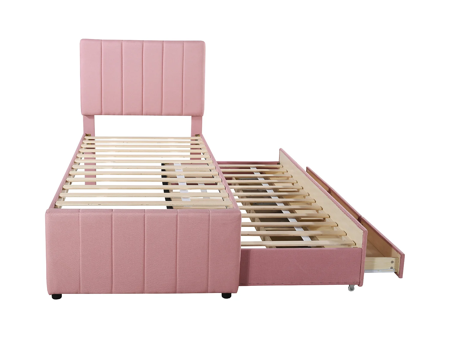 Lit enfant 90x200 cm avec lit gigogne 90x190cm avec tiroirs de rangement, en lin, sans matelas, rose