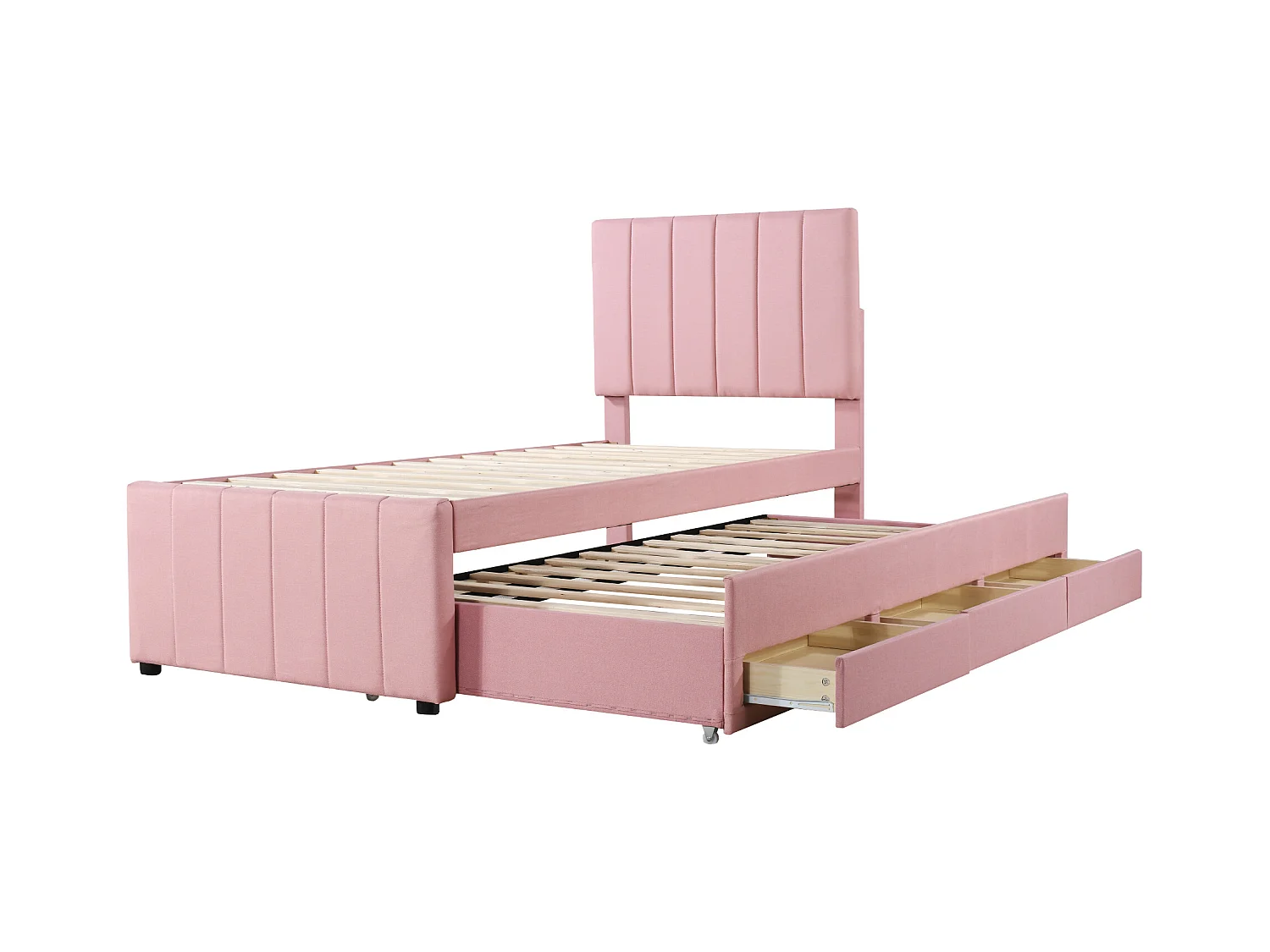 Lit enfant 90x200 cm avec lit gigogne 90x190cm avec tiroirs de rangement, en lin, sans matelas, rose
